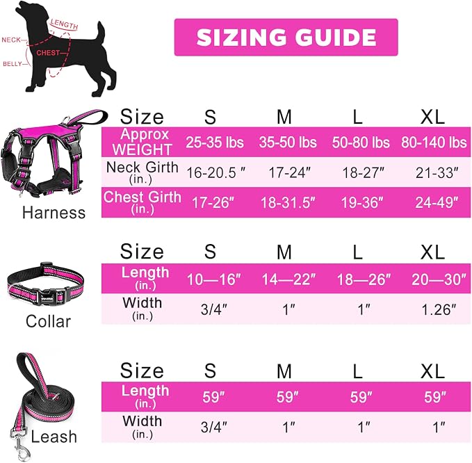 WINSEE Pet Harness Collar and Leash Set, All-in-one Reflective Dog Harness No Pull with Adjustable Buckles for Puppies, Small, Medium, Large, and Extra-Large Dogs (Small, Rosy)