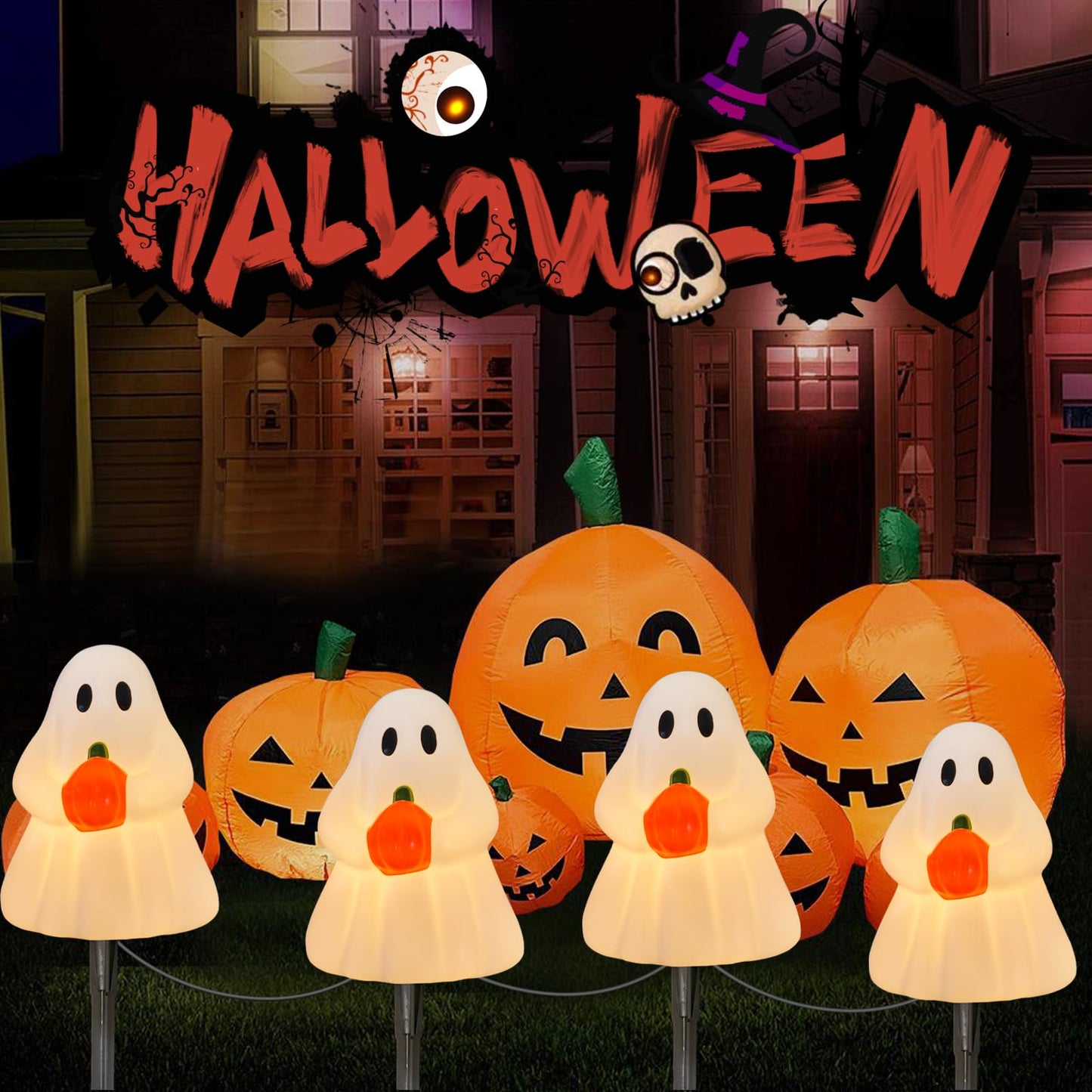 Halloween Ghost Pathway Lights, Ghost Pumpkin Pathway Decoration Lights Built-in 4 C7 LED Bulbs for Halloween Holiday Outdoor Yard Garden Walkway Decor, 7Ft 4PK