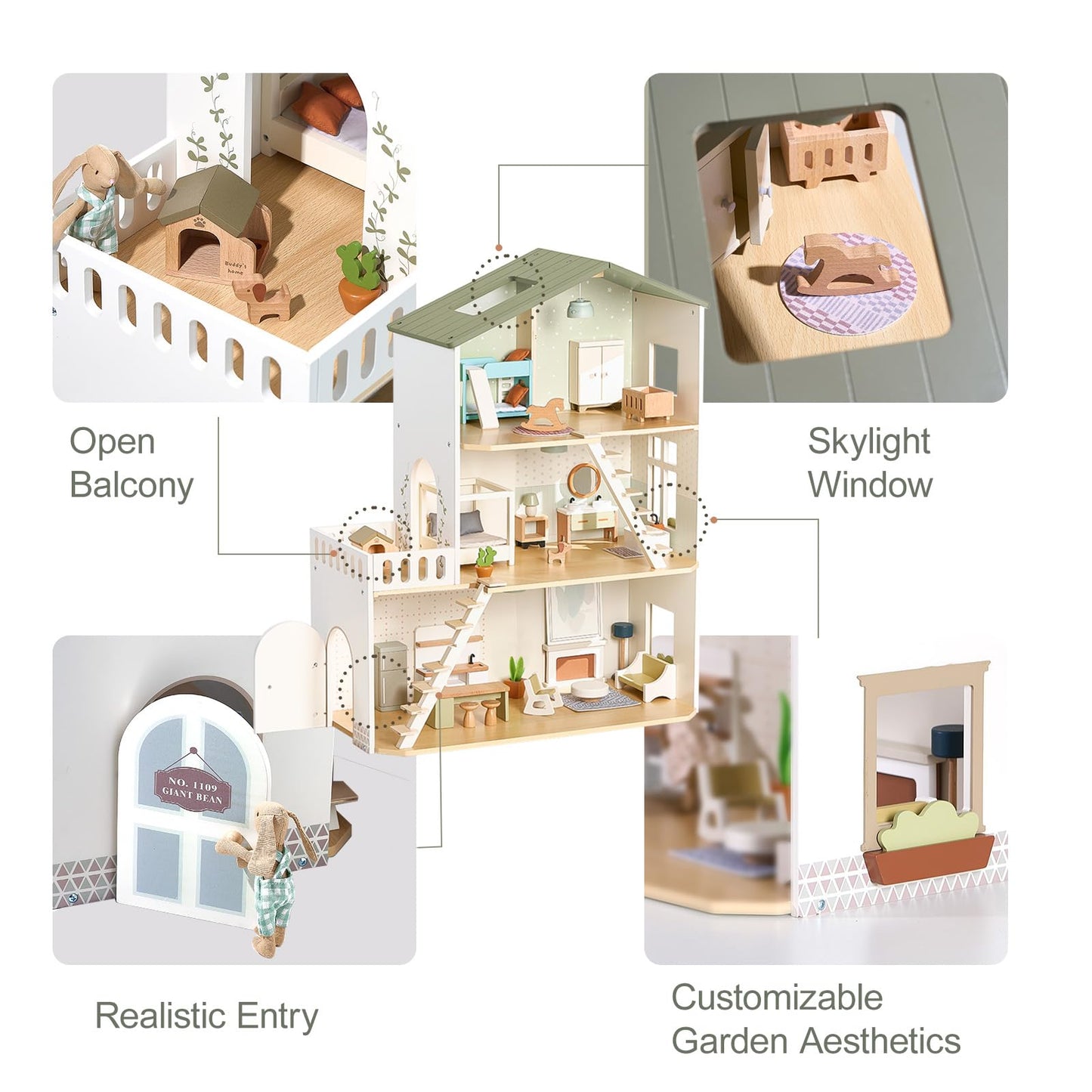 Giant bean Modern Wooden Dollhouse with Lights & 37PCS Furniture Set – Nordic Style 3-Story Playhouse for Kids Age 3+, Natural Wood Montessori Doll House with Realistic Rooms, Gift for Girls & Boys