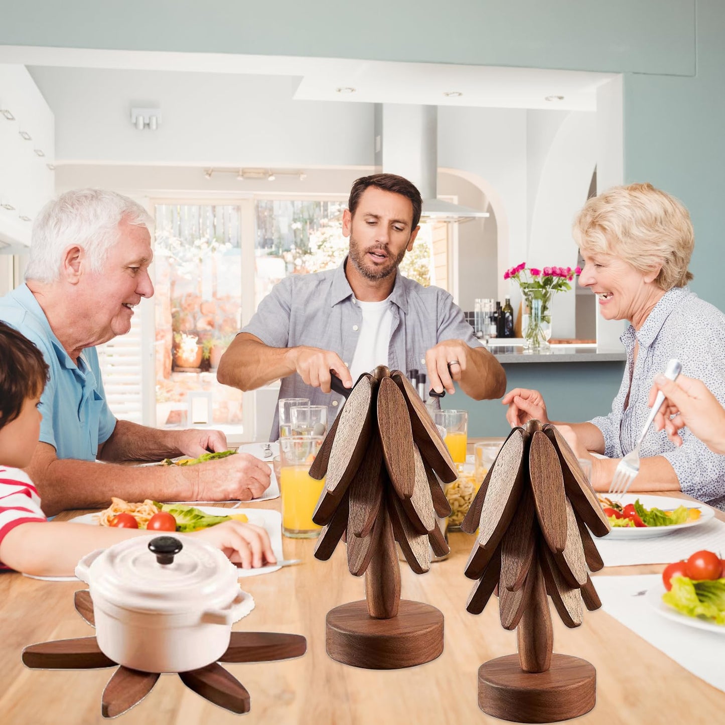 Wooden Tree Coasters, Trivets for Hot Dishes, Trivets for Hot Pots and Pans, Wooden Tree Trivet Set - 3 or 4 Wooden Trivet + 1 Stand, Christmas Coasters (Walnut,4pcs-A)