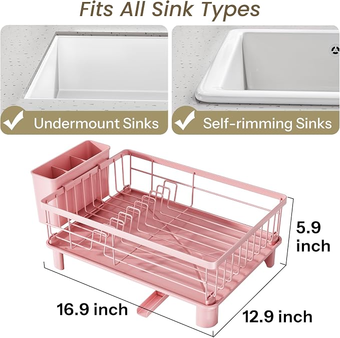 SNTD Dish Drying Rack - Small Dish Rack for Kitchen Counter, Stainless Steel Dish Drainer with Utensil Holder and Drainboard, 12.9" W x 16.9" L (Pink)