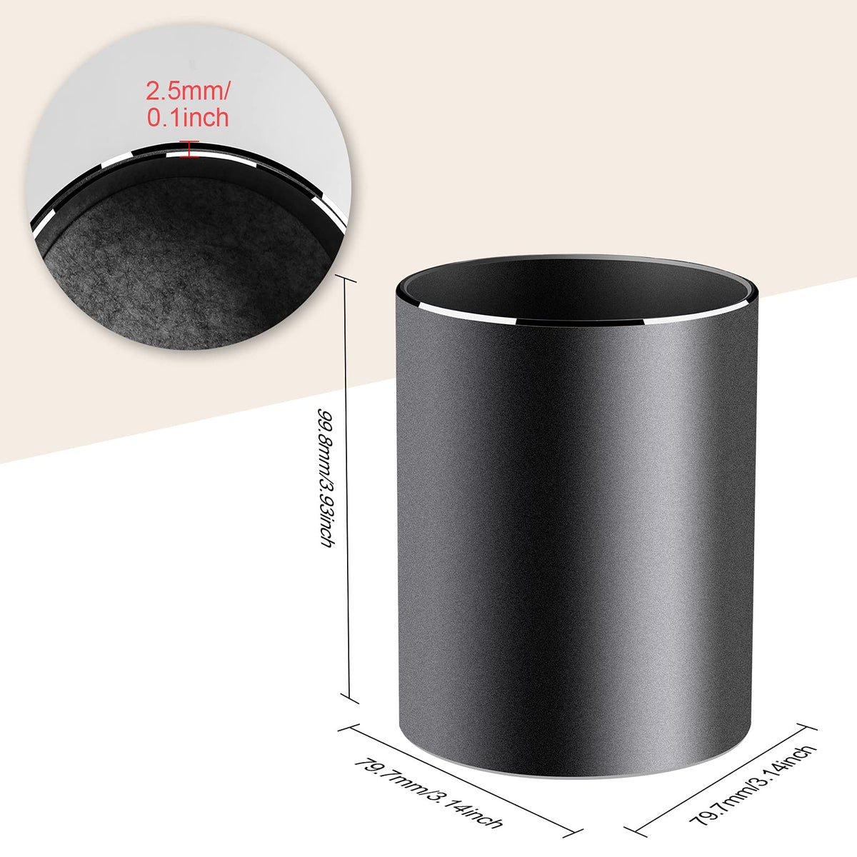 Vaydeer Metal Pen Holder Aluminum Pencil Holder for desk, Round Desktop Organizer and Black Pencil Cup for Office, School, Home and Stationary Supplies (3.15 x 3.15 x 3.94 Inches)