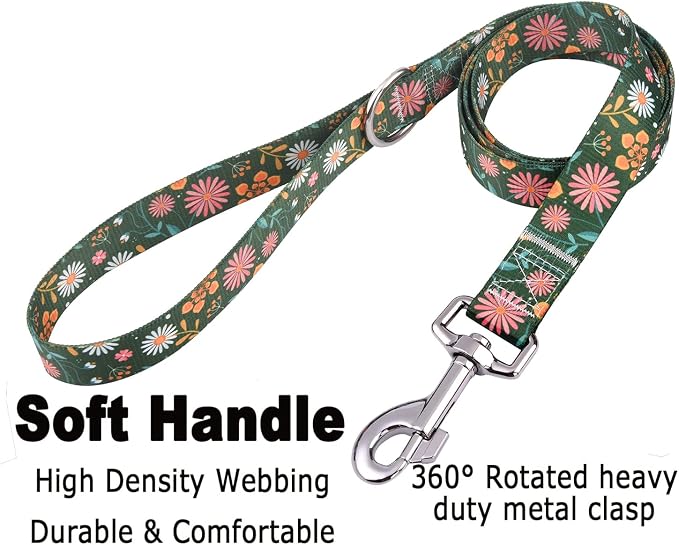 Mihqy Dog Collar and Leash Set with Bohemia Floral Tribal Geometric Patterns - Soft Ethnic Style Collar Adjustable for Small Medium Large Dogs(Dark Green Flower Set,M)