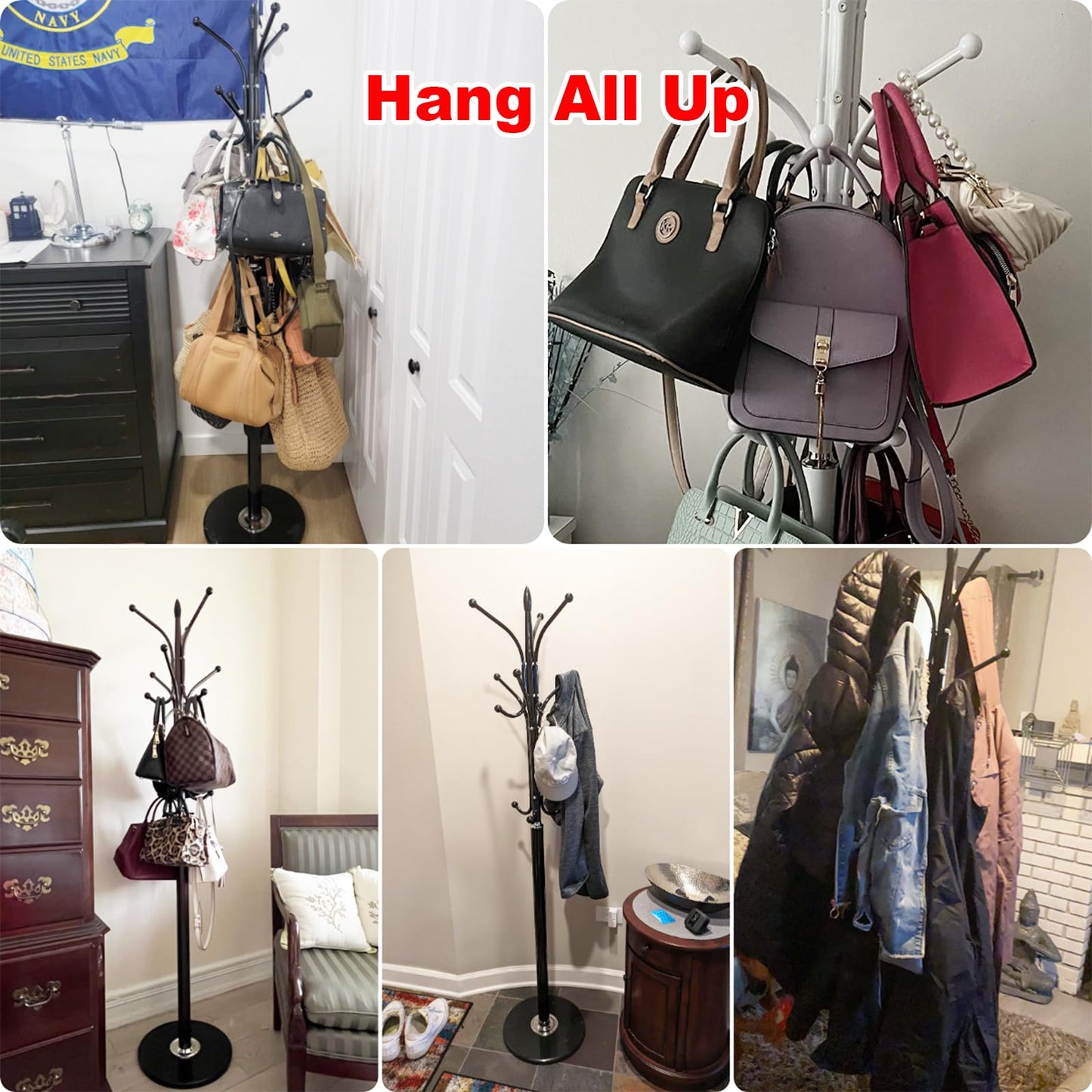 Kertnic Freestanding Coat Rack Stand, Heavy Duty Metal Hall Tree with 12 Hooks, 70 Inch Tall Stable Coat Hanger with 14.6" Natural Marble Base, Entryway Organizer for Coats Bags Hats Purses (White)