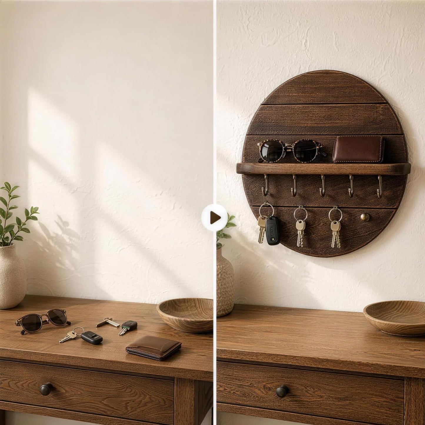 Cxomnndiw Round Wall Mount Key Holder with Shelf, Wooden Entryway Organizer, Key Rack for Keys Sunglasses Coat
