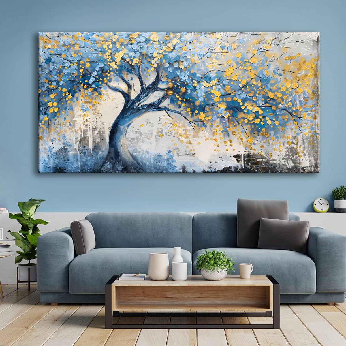 Wall Art Tree of blue Life Abstract Canvas Painting Textured Picture, Modern Landscape Artwork Framed for Living Room Bedroom Bathroom Office Home Decor 48x24in