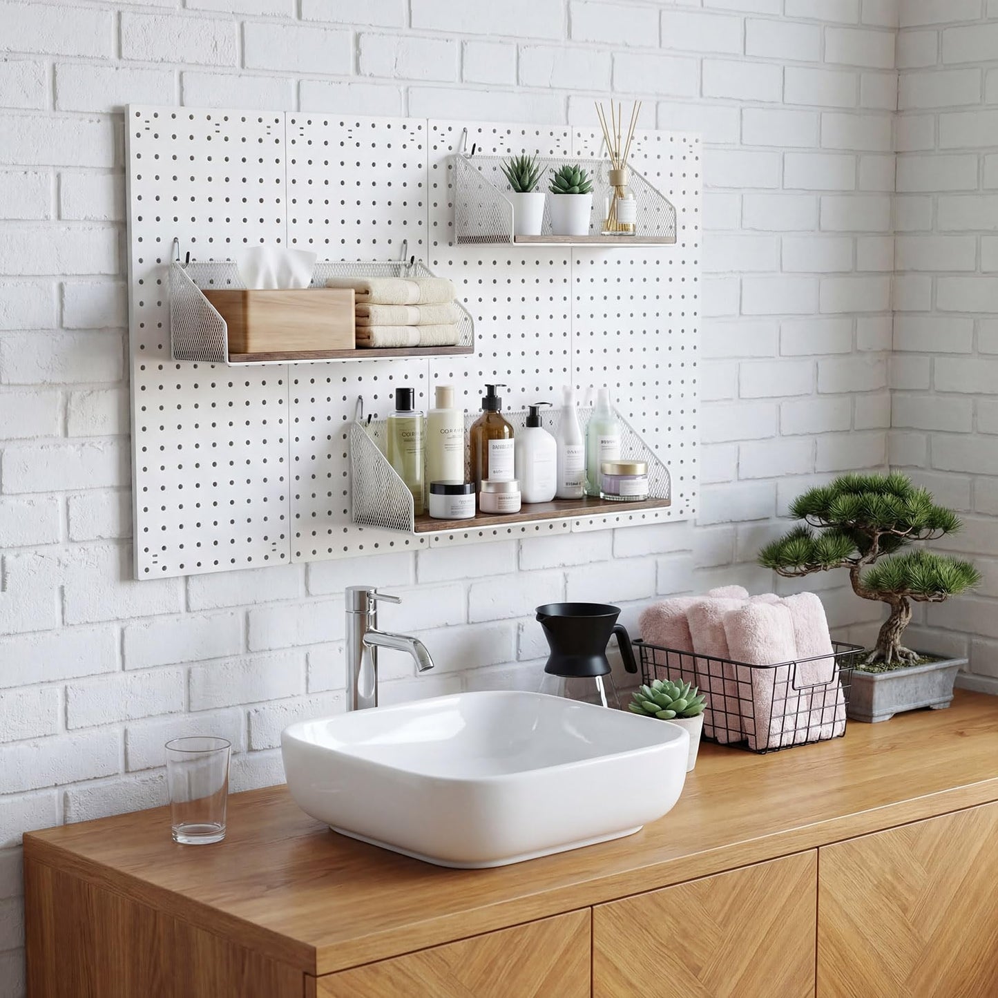 Ferrochef 3 Pack Pegboard Shelves with Hooks, Wall Mounted Grid Shelves, Pegboard Organizer Bins with Wooden Base, Heavy Duty Peg Board Storage Accessories for Kitchen, Bathroom, Garage, Office(White)