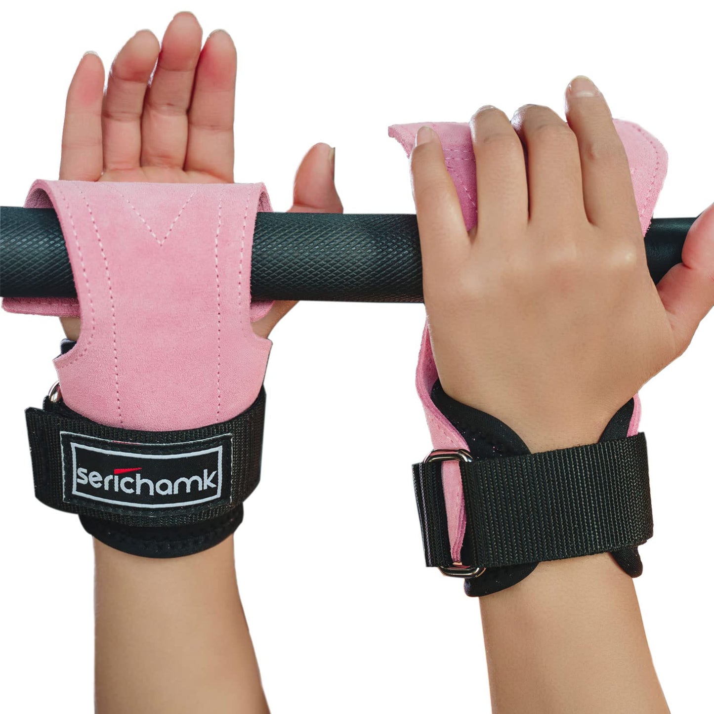 Wrist Straps for Weightlifting with Wrist Wraps,Leather Weight Lifting Wrist Wraps Grip Assistance Deadlift Straps Workout Gym Straps for Men and Women Pink