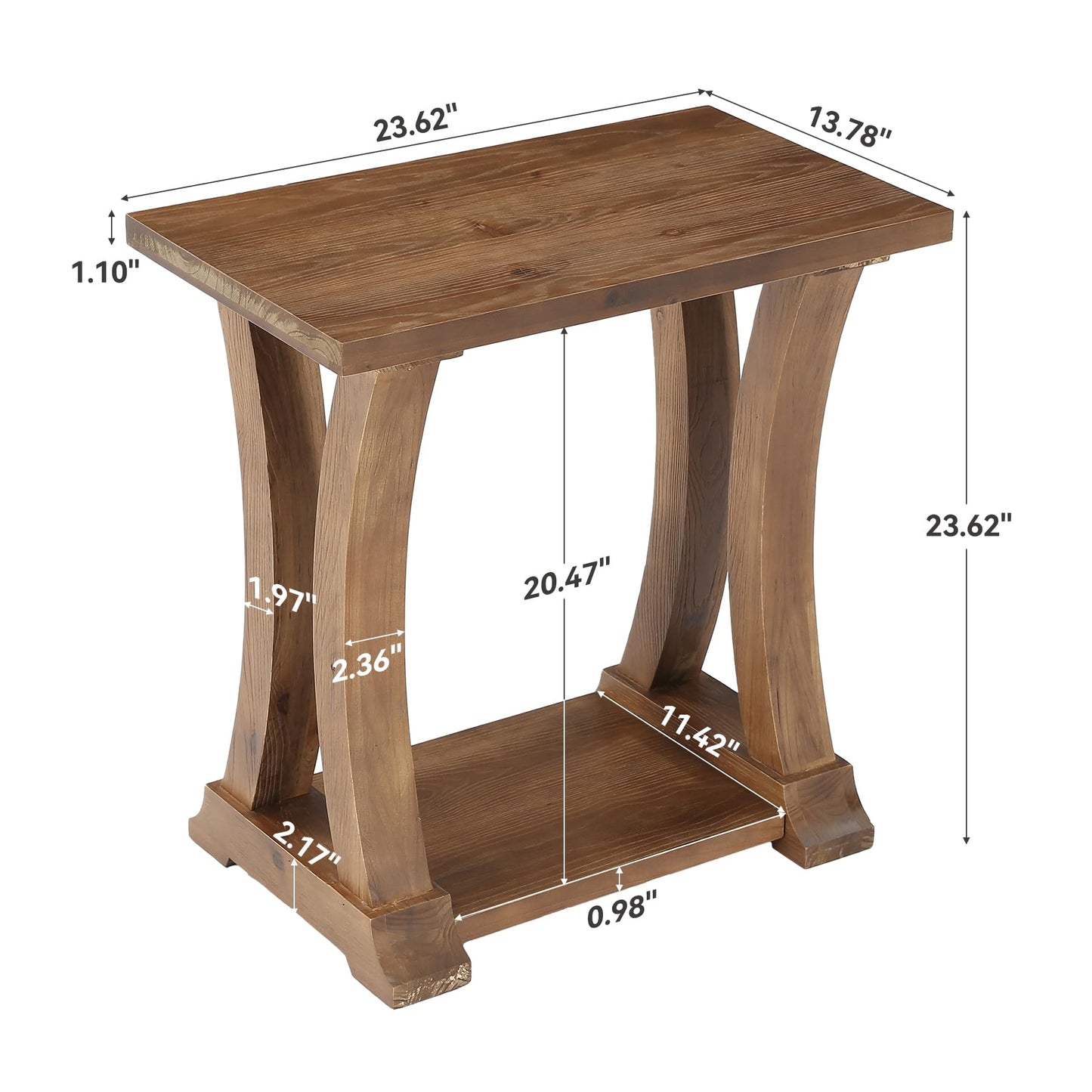 LITTLE TREE Solid Wood End Table, Narrow Side Table with Lower Storage Shelf, Rustic Accent Sofa Side Table for Living Room, Bedroom, Small Space