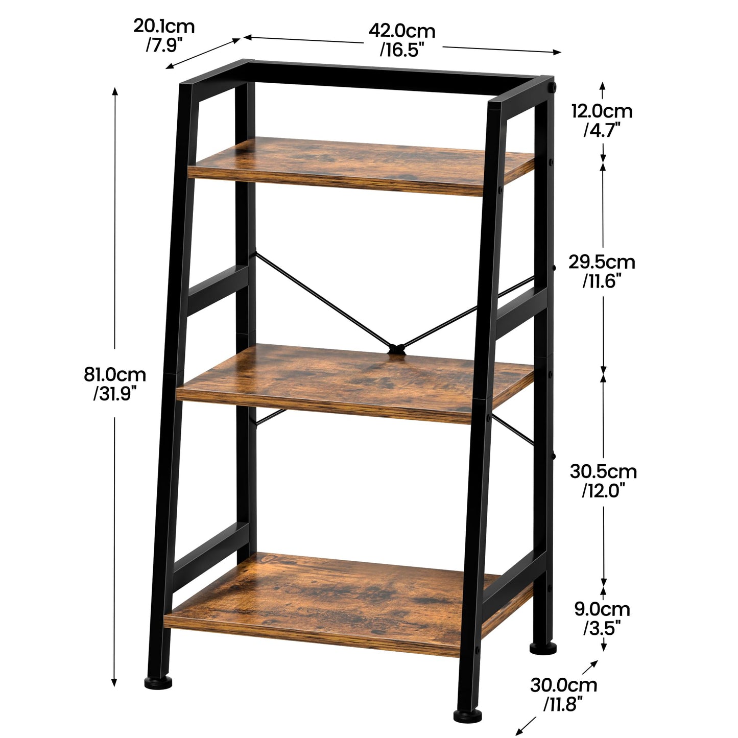 3-Tier Bookshelf, Ladder Shelf, Industrial Bookcase with Steel Frame, Metal Small Bookcase, stand up shelves for Living Room, Home Office, Kitchen, Bedroom, Industrial Style(Rustic Brown & Black)
