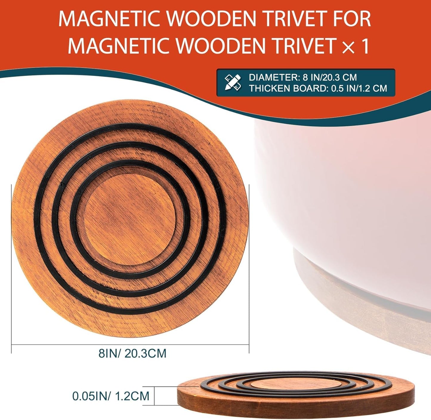 Magnetic Wooden Trivet, 8″, Acacia Walnut Wood, Compatible with le creuset Cast Iron Dutch Ovens, Scalloped Magnetic Trivet Wood, Kitchen Magnetic Pot Holder Five-Years Free Replacement