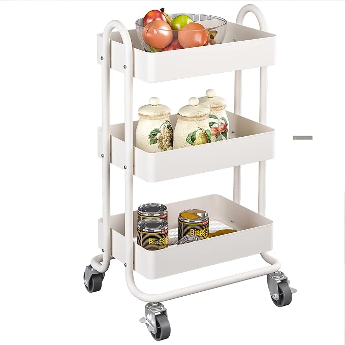 Metal Rolling Cart,3-Tier Metal Rolling Cart with Wheels,3 Tier Utility Cart with Wheels for Office,Home,Kitchen,Garden๏ผ13.4"x18.1"x31"๏ผ White