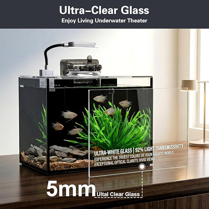 2 Gallon Small Aquarium Set Glass Fish Tank,Desktop Small Aquarium Kit for Beginners and Children to Keep Betta Fish, Goldfish, Shrimp, and Aquatic Plants (Black, 2 Gallon (Complete Kit) )