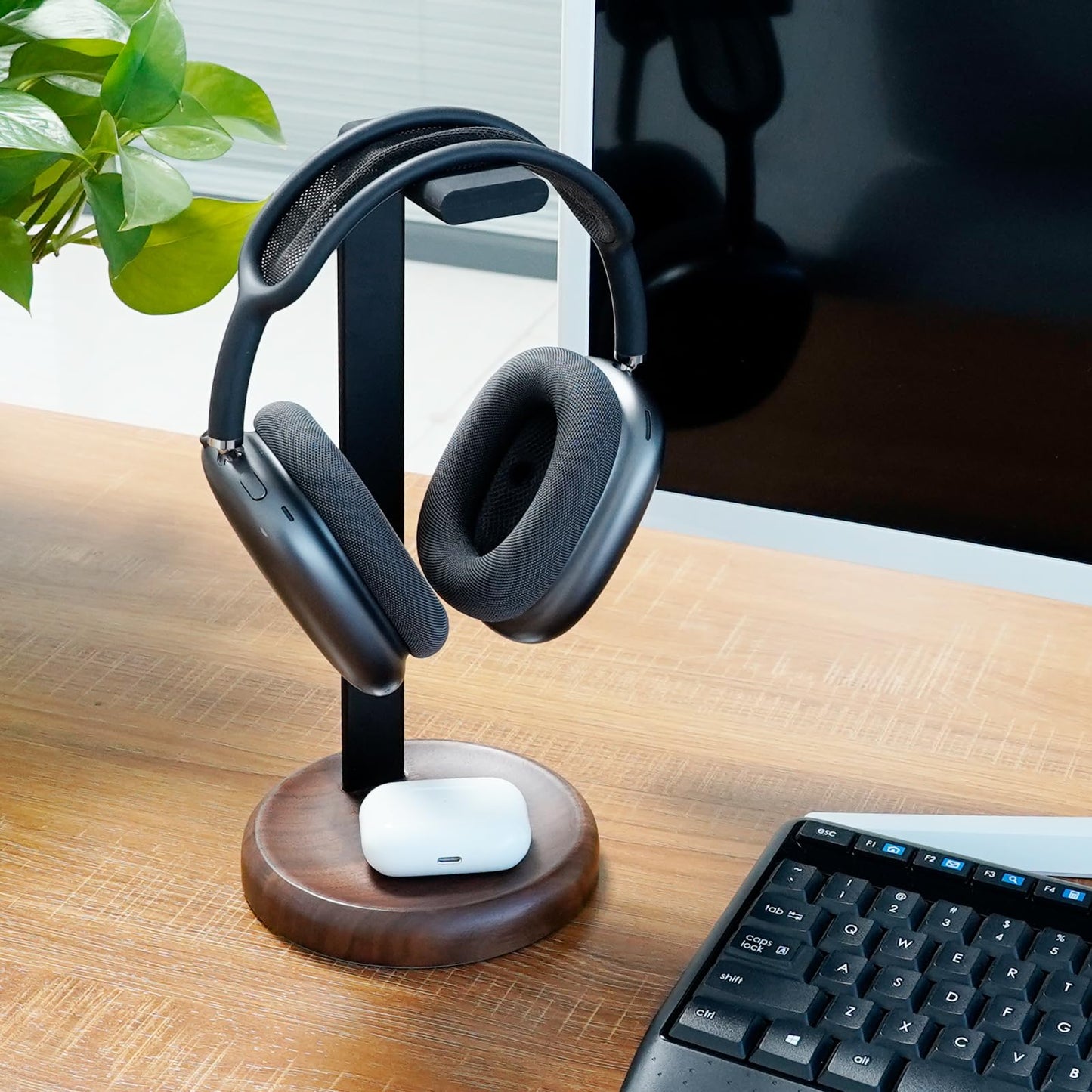 GEVO Headphone Stand for Desk - Walnut Wood & Aluminum Headset Stand, Universal Wooden Gaming Headphone Holder for AirPod Max, Bose, Sony, Razer, Jabra, JBL (Walnut Circular Base)