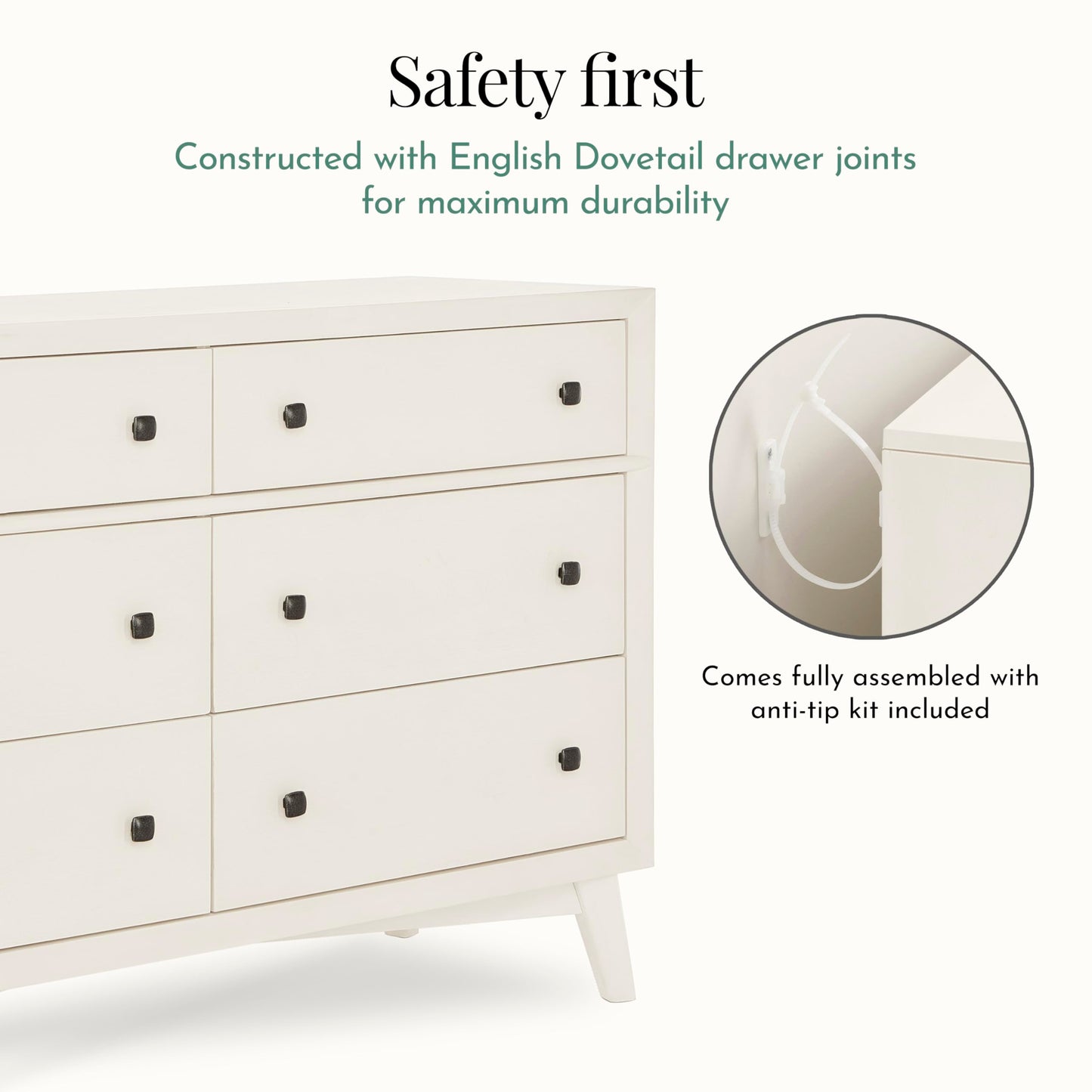 Evolur Loft Antilia Mid-Century Double Dresser in Vanilla Bean, 6 Spacious Drawers, Comes Fully Assembled, Included Anti-Tipping Kit, Wooden Nursery Furniture