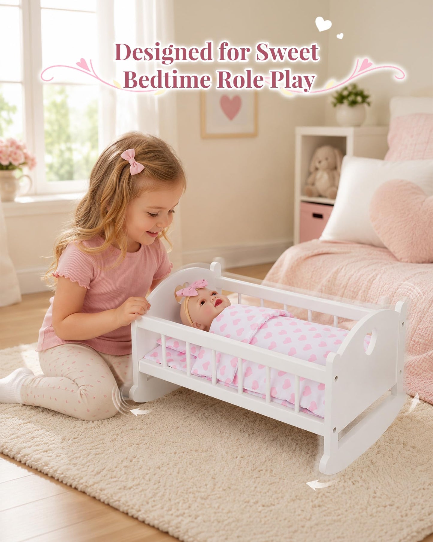 BABESIDE Wooden Baby Doll Crib for 12-16 Inch Dolls, Doll Bed with Pink Heart Bedding, Doll Furniture Baby Doll Accessories for Pretend Play, Gift for Girls Ages 3+