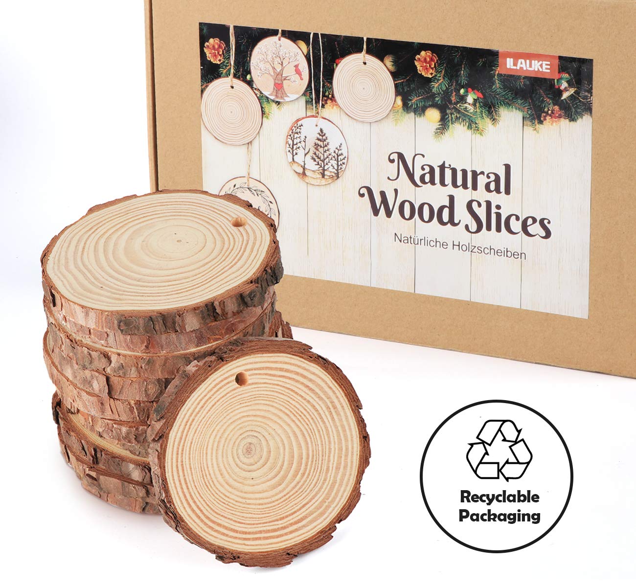 ilauke Natural Wood Slices 30Pcs 3.1''-3.5'' Unfinished Wood Crafts with Pre-drilled Hole, Wood Slices Ornaments for DIY Rustic Christmas Crafts Wooden Circles Coasters Wedding Decor, 33 Feet Twine