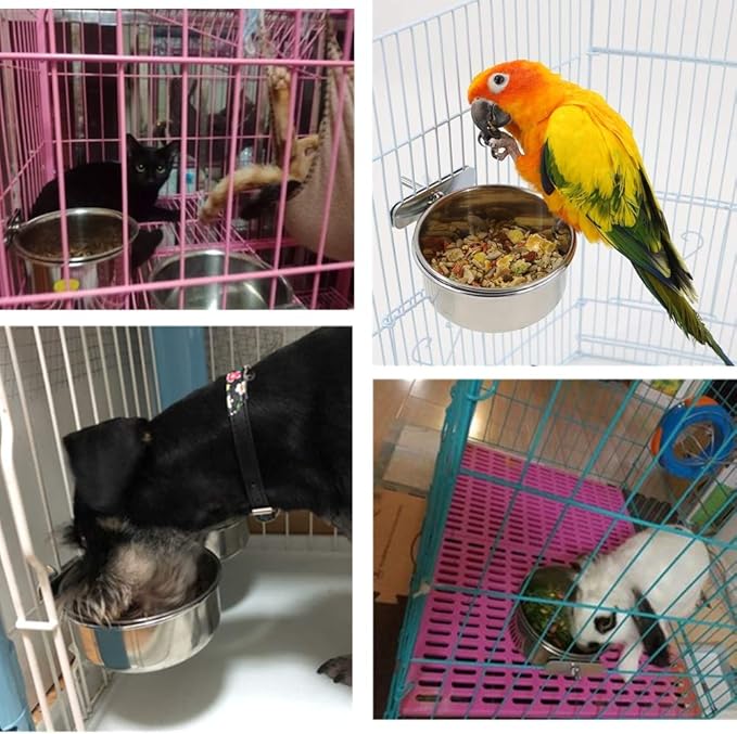 2 Packs, Pet Food Water Bowl with Clamp Holder Stainless Steel Coop Cup Hanging Feeder for Dog Bird Parrot Cat Rabbit, S&M