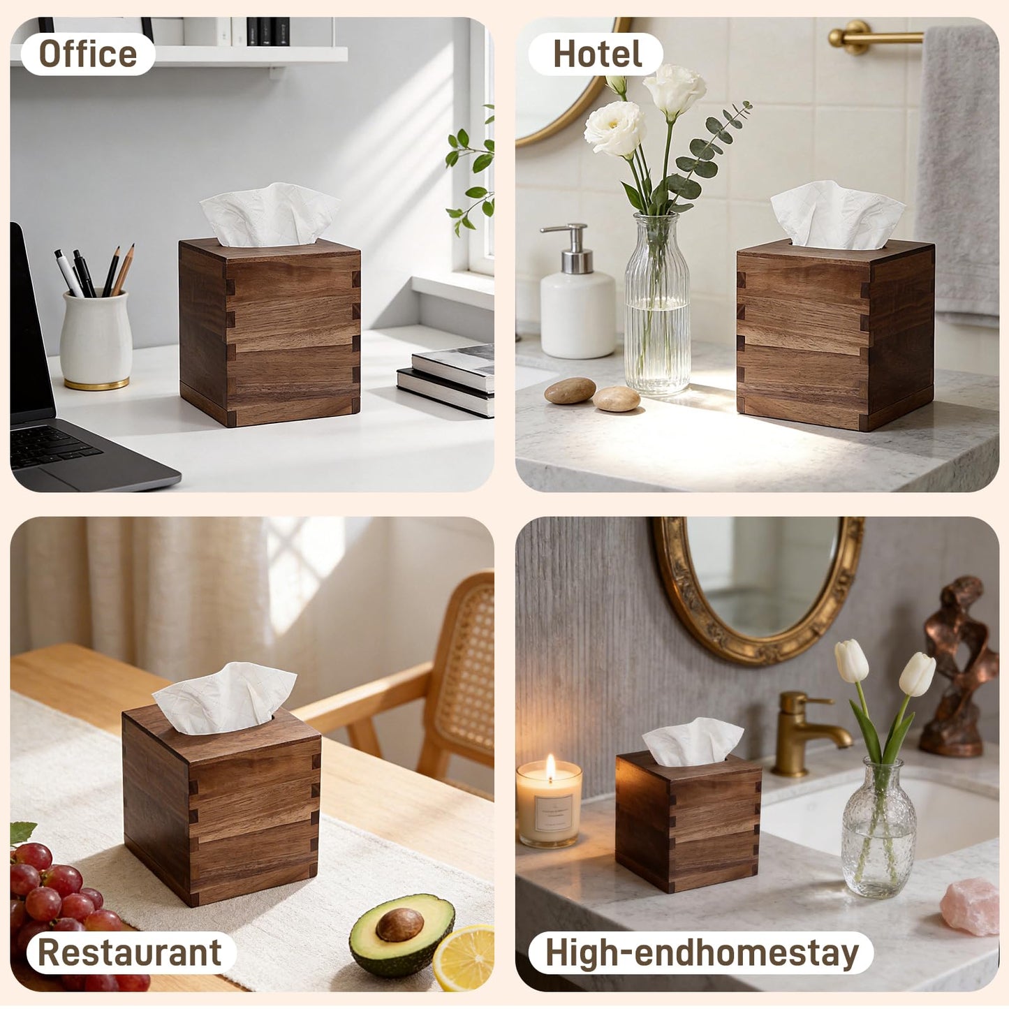 Solid Black Walnut Tissue Box Cover Square – Handcrafted Wood Tissue Holder with Mortise & Tenon Joinery, Fits Standard Cube Tissue Boxes