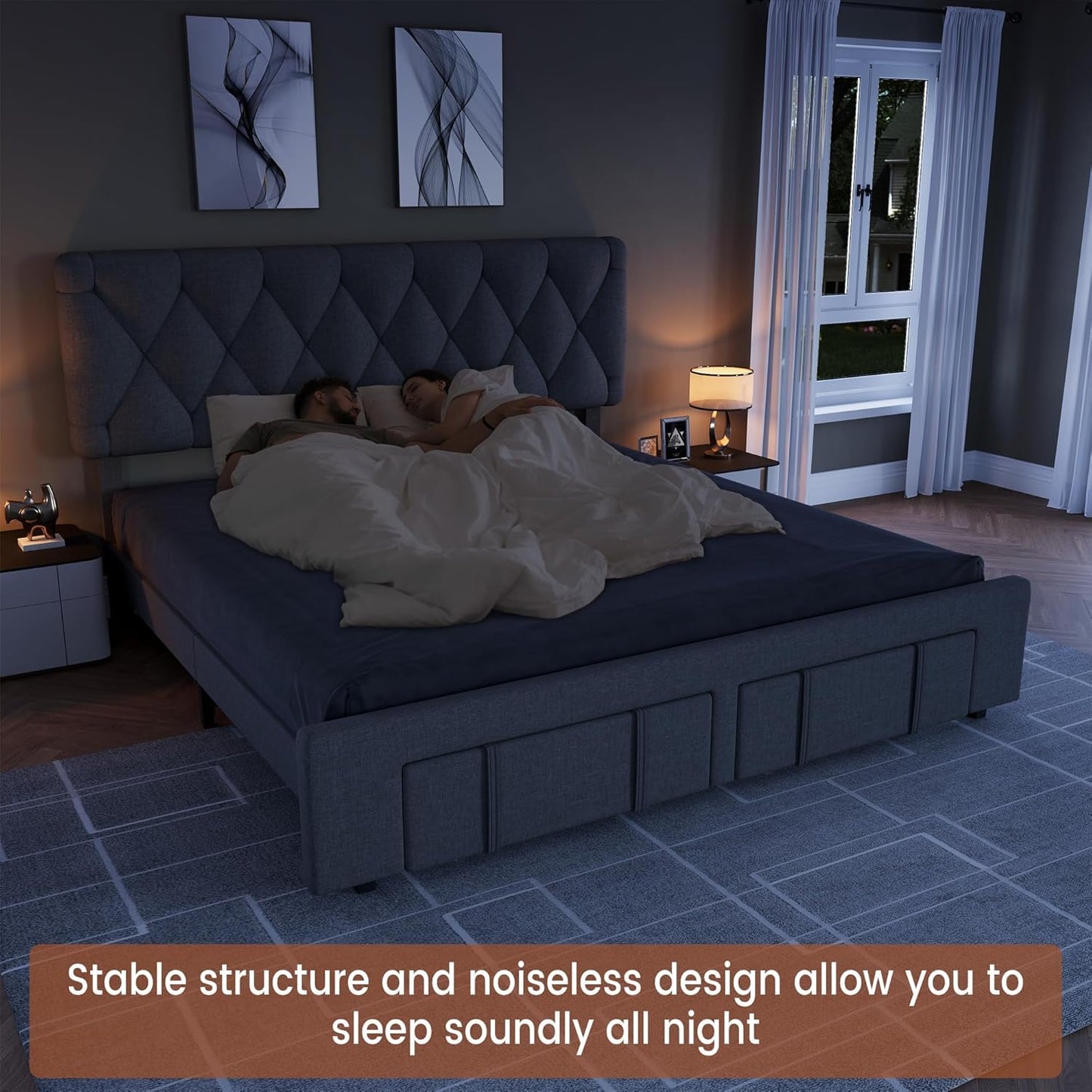 IDEALHOUSE Upholstered King Size Bed Frame, Velvet Platform Bed Frame with Storage Drawers, Mattress Foundation with Solid Wooden Slats Support, No Box Spring Needed, Grey