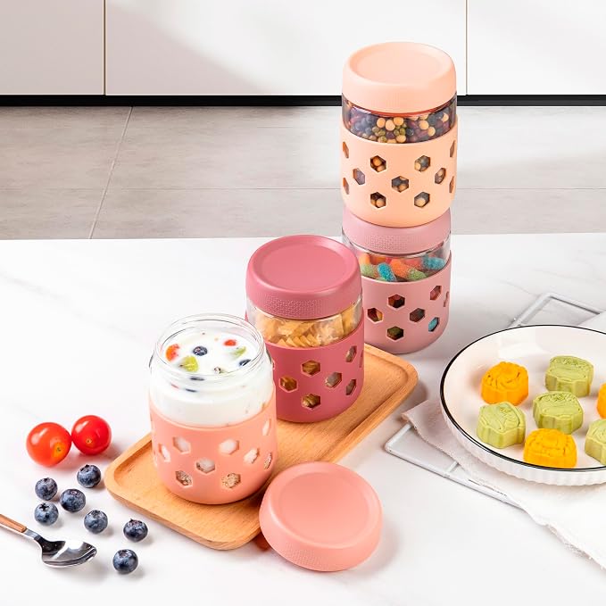 MICEBAY 16oz Overnight Oats Containers with Silicone Sleeves, 4-Pack Wide Mouth Glass Mason Salad Jars with Airtight Lids, BPA-Free Dishwasher Safe Leak-Proof Chia Seed Pudding Jar Meal Prep Container