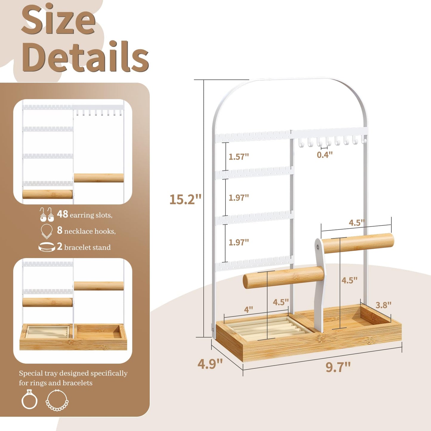 BMOSU Jewelry Organizer Stand with Velvet Ring Holder 2 Bracelet Holder Display 4 Tier Jewelry Rack with 8 Necklace Hooks and 48 Earring Holes Organizer Storage Wooden Box White