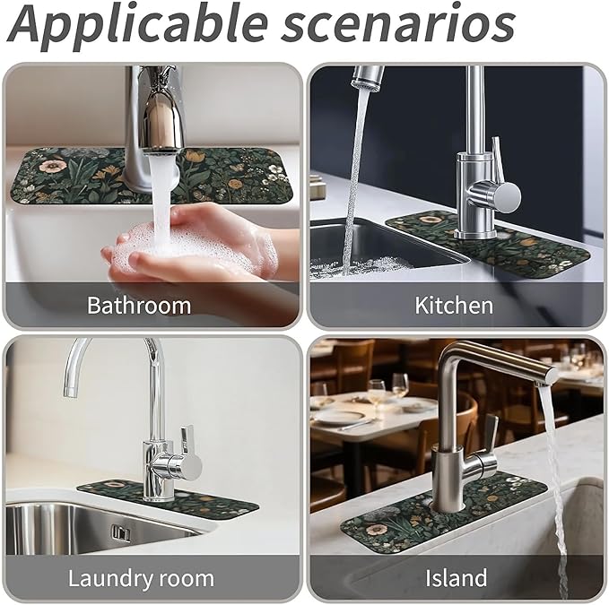 Kitchen Sink Splash Guard,Dark-green black flowers Faucet Mat Sink