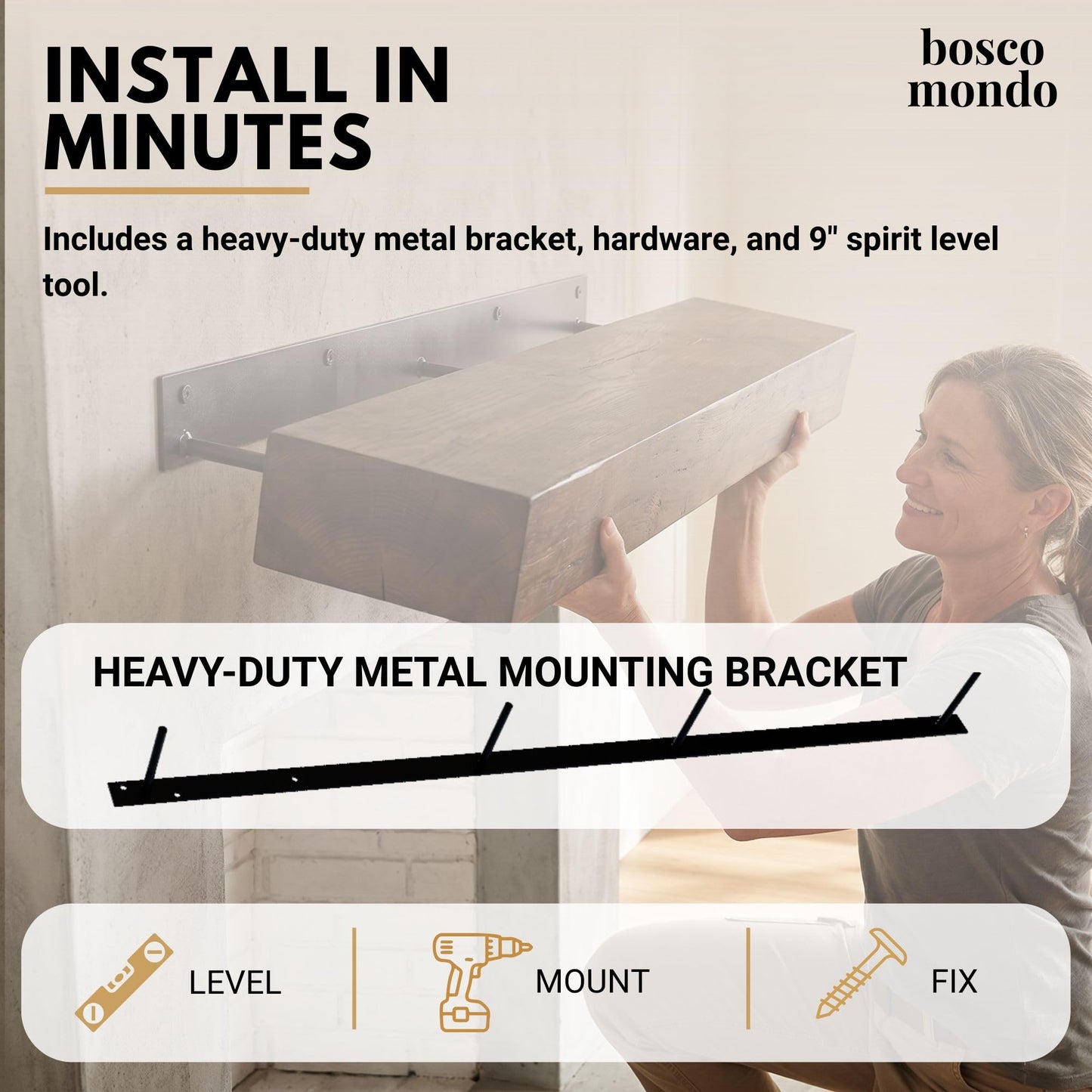 BoscoMondo Solid Wood Fireplace Mantel Shelf, Floating Mantle for Living Room, Farmhouse Rustic Wood Mantel, Easy Wall Mount with Heavy-Duty Metal Bracket (48", Walnut)