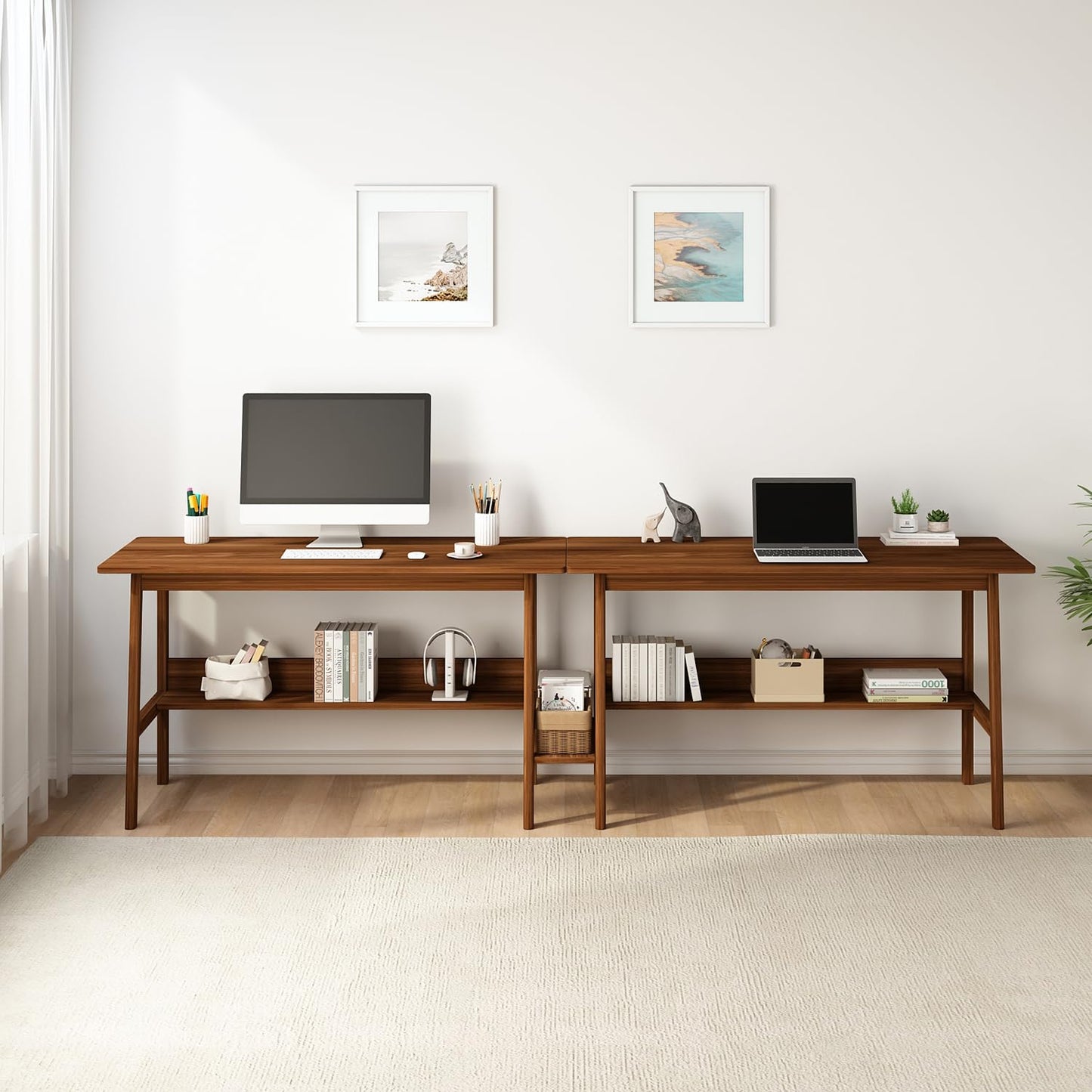 NELYE 2-Person Writing Desk with Bookshelf - 79" Wooden Extra Long Home Office Work Table, Double Study Computer Workstation with Storage Shelves in Walnut, 79" W x 24" D