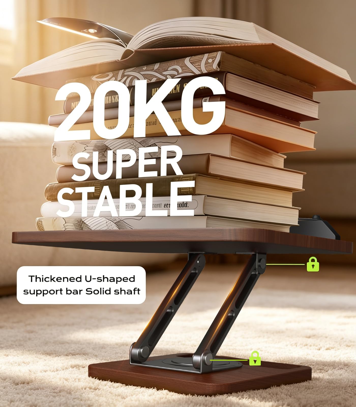 Book Stand for Reading, 360° Rotating Hands Free Book Holder with Storage, Adjustable Height & Ergonomic Cookbook Stand, Elastic Page Clips for Recipe Laptop Tablet, Foldable for Kitchen Office School
