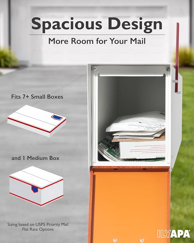 Ilyapa Modern Mailbox with Angle Design Post Mount - White Powder Coated Metal Mailbox with Wood Door - Waterproof for Parcels, Magnetic Close Door