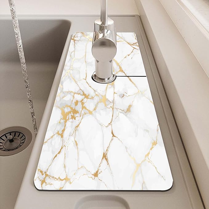 MCALK Marble White Kitchen Sink Faucet Mat Splash Guard, Absorbent Quick-Dry