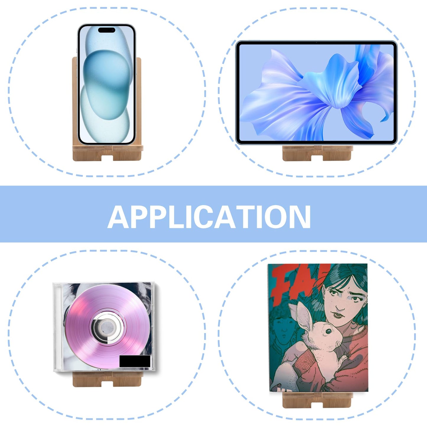 4 PCS Bamboo Book Stand for Display, Book Display Holder for CDs Comics Postcards Magazines Greeting Cards Tablets Sheet Music Phone Stickers Album Photo Frames