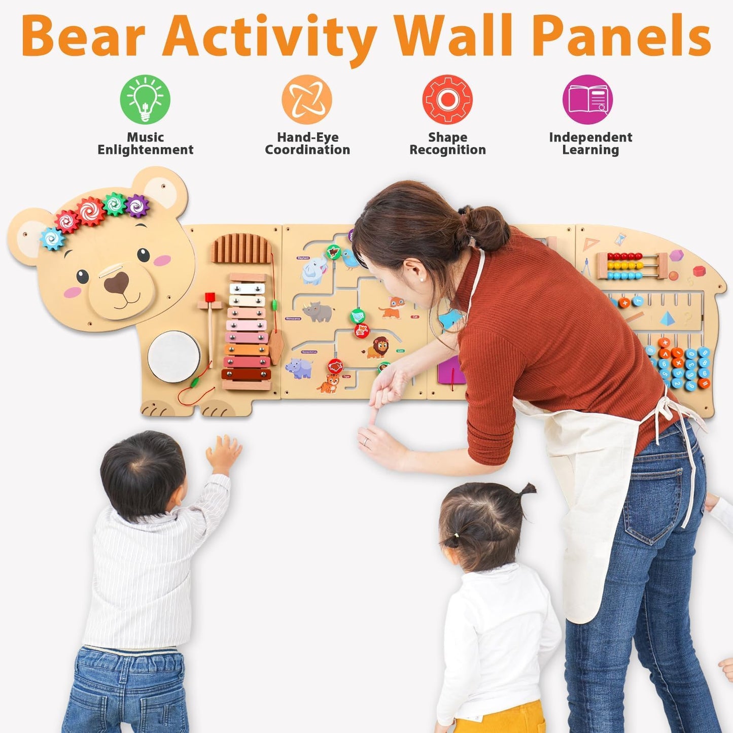 5FT Large Bear Activity Wall Busy Board Wooden Sensory Wall Panel Educational Montessori Toys for Toddler Kids Interactive Sensory Activity Board Learning Center Playroom Daycare Nursery Decor