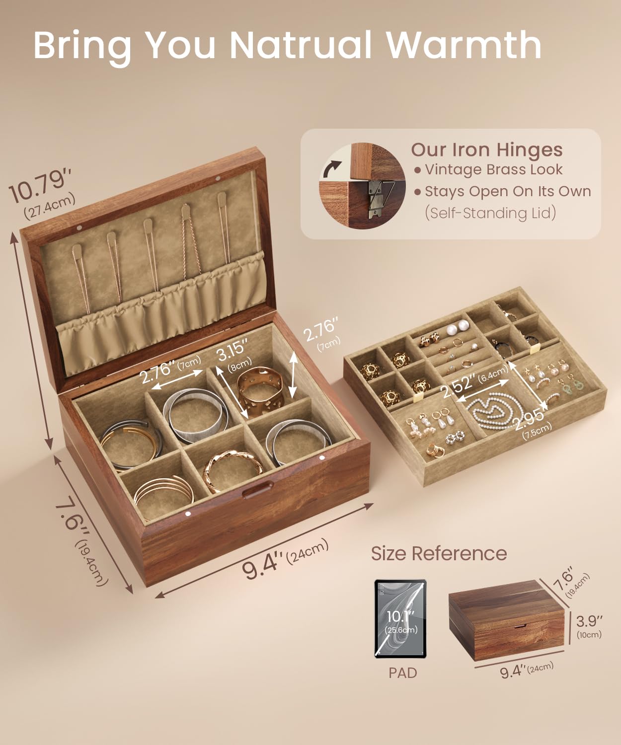 Danfoxer Acacia Wood Jewelry Box Organizers, Wooden Jewellery Organizer with Hinged Lids and Removable Jewelry Tray for Necklace Earring Rings and Bracelet