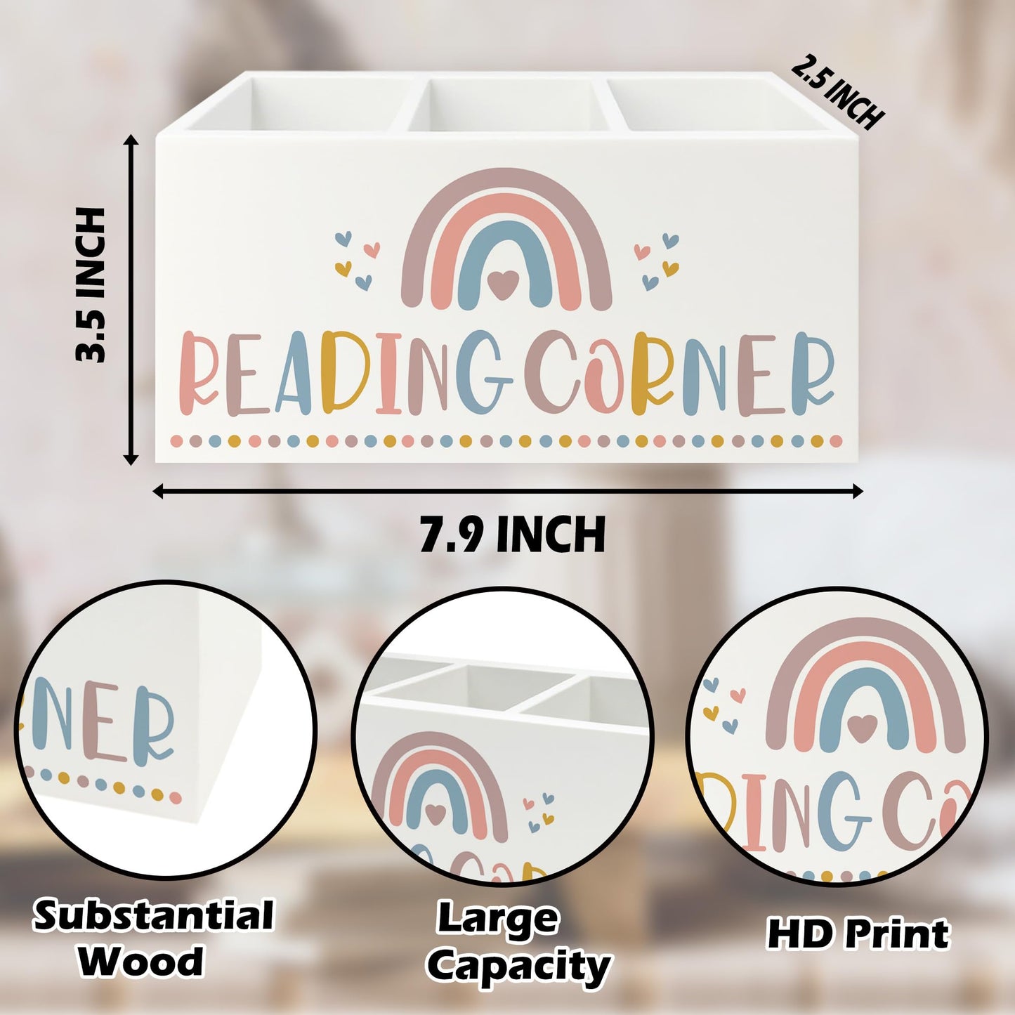 QZQE Boho Reading Corner Pen Pencil Holder Organizer for Desk, Boho Rainbow Bookish Wooden Box Signs Decorations for Reading Nook Corner Room Desk Tabletop, Book Lover Reader Gifts