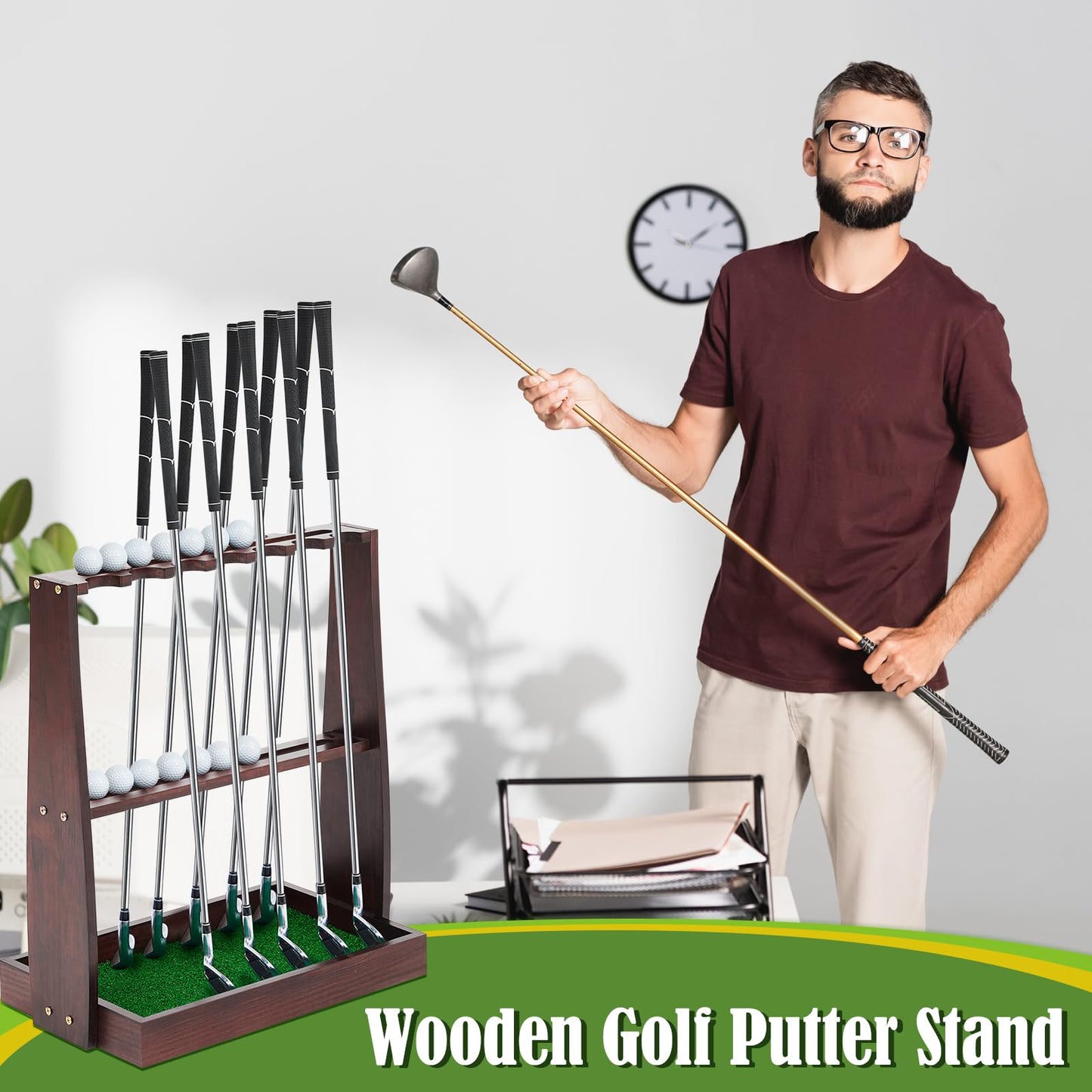 Lenwen Golf Club Rack Wooden Golf Putter Stand Holder Indoor Display Rack Holds 13 Clubs and 20 Golf Balls for Club Home Golf Simulators, Brown