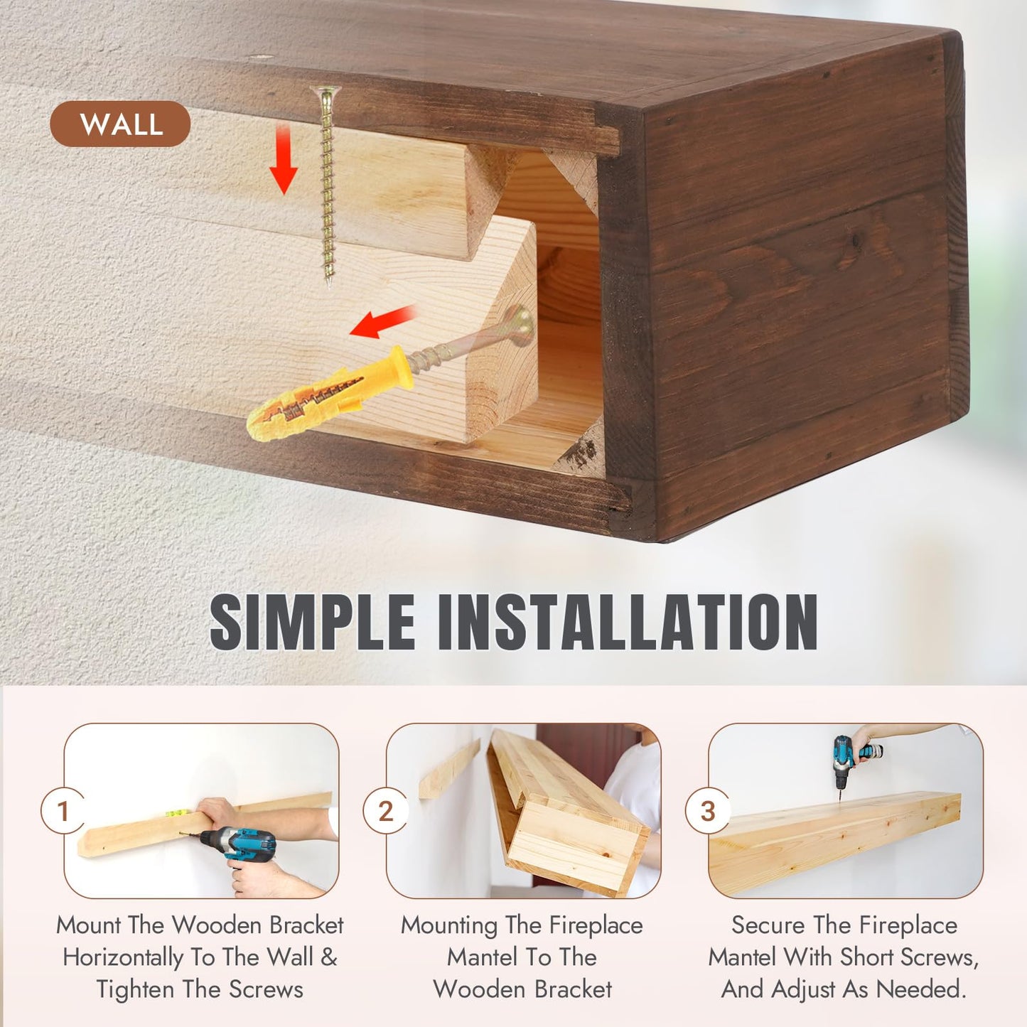 GoCampDirect Fireplace Mantle Shelf - 54×8×5Inch Handcrafted Wall Floating Mantel Shelf for Over Fireplace - Rustic Traditional Wooden Fireplace Mantels with Invisible Heavy Duty Wood Bracket
