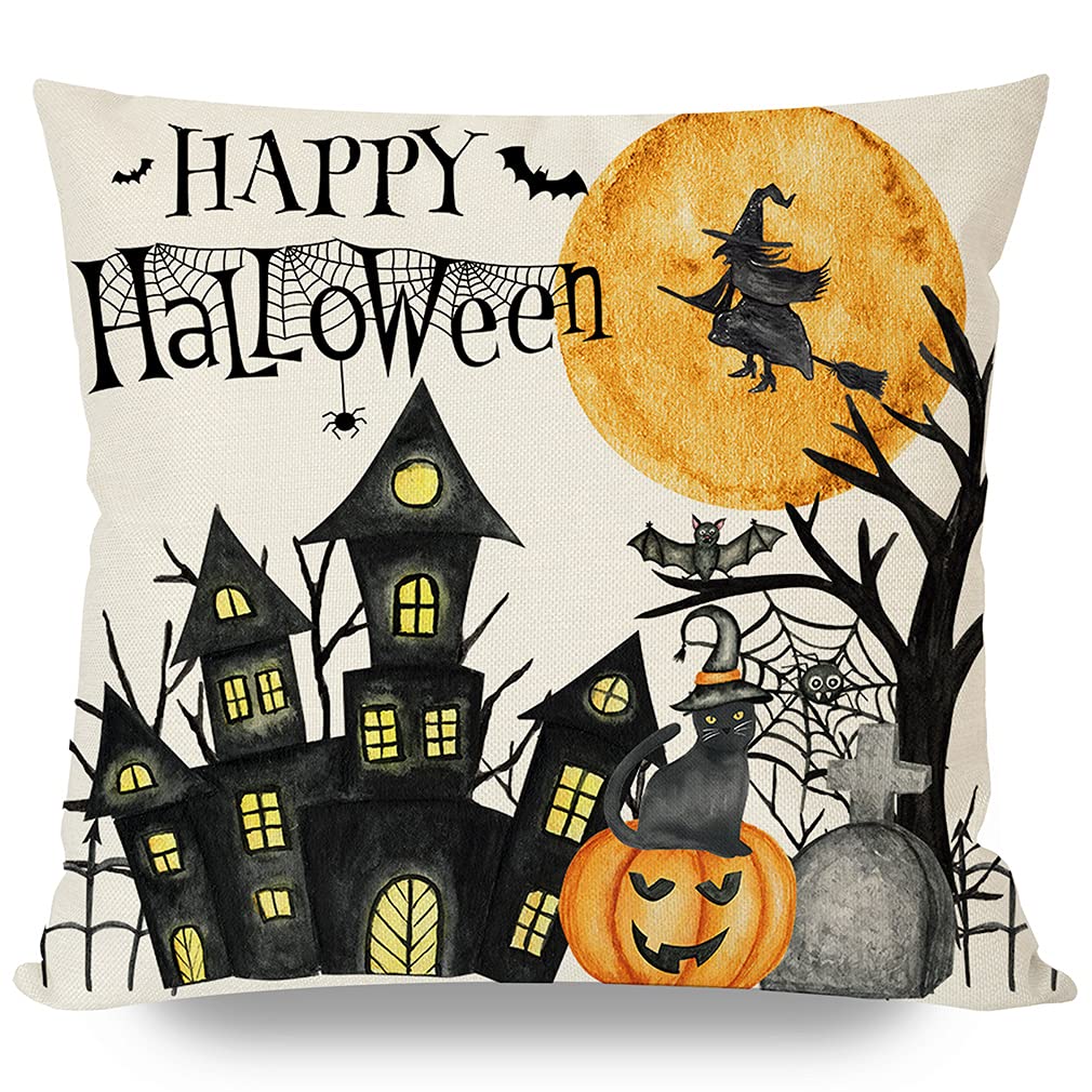 PANDICORN Halloween Throw Pillow Covers, Halloween Decorations, Witch Leg Pumpkin Spider Web Cute Skeleton Ghost Decor for Home Living Room Couch Decor Set of 8(Black,Beige,Orange,18x18 Inch)