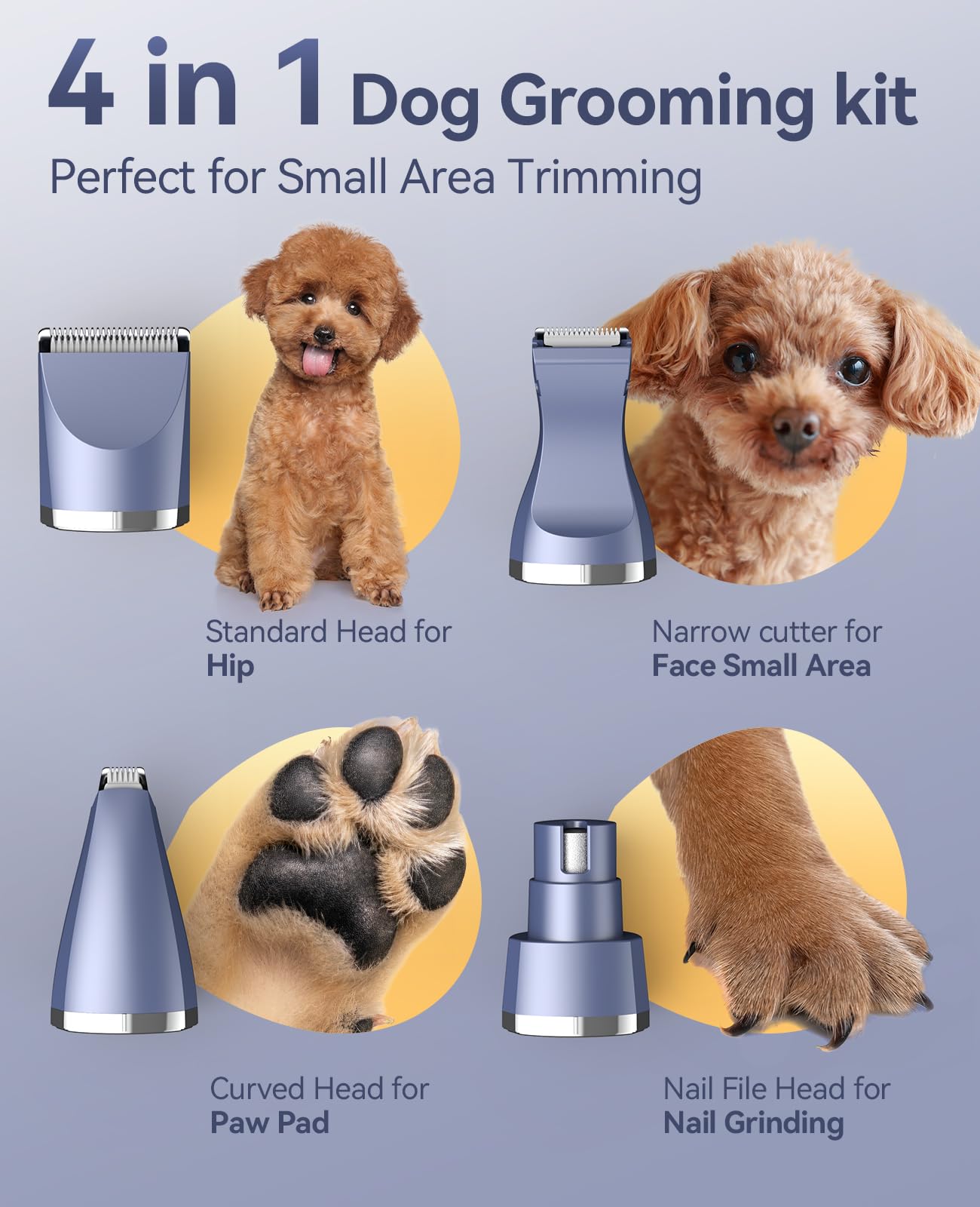 oneisall Dog Paw Trimmer 4 in 1, Low Noise Dog Clippers for Grooming, Cordless Dogs Grooming Kit Nail Grinder, IPX7 Waterproof Puppy Shaver for Pets's Paws, Eyes, Ears, Face, Rump