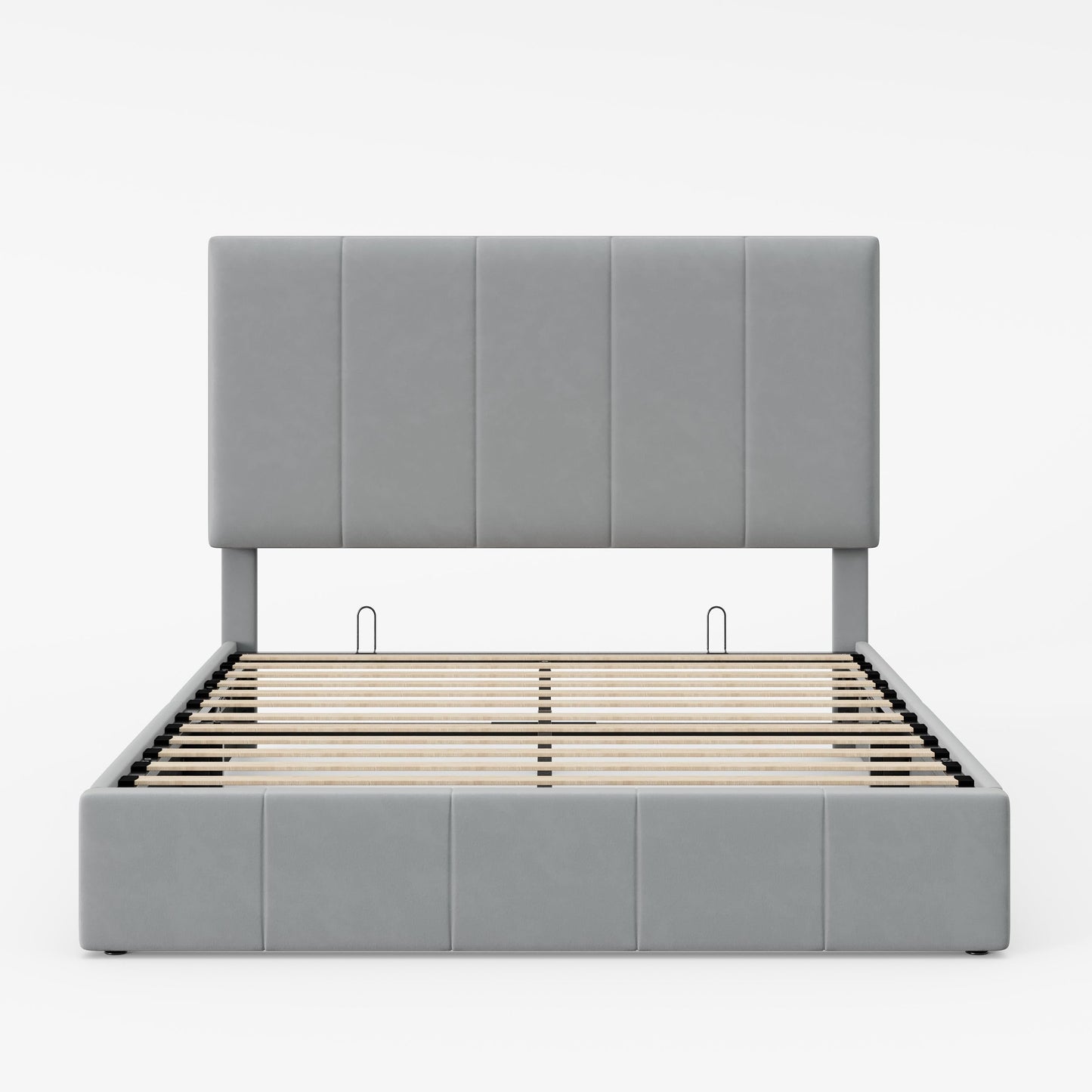 Allewie Queen Size Velvet Lift Up Storage Bed Frame, Vertical Channel Tufted Headboard, Hydrualic Underneath Storage, Upholstered Platform Bed, Wooden Slats Support, No Box Spring Needed, Gray