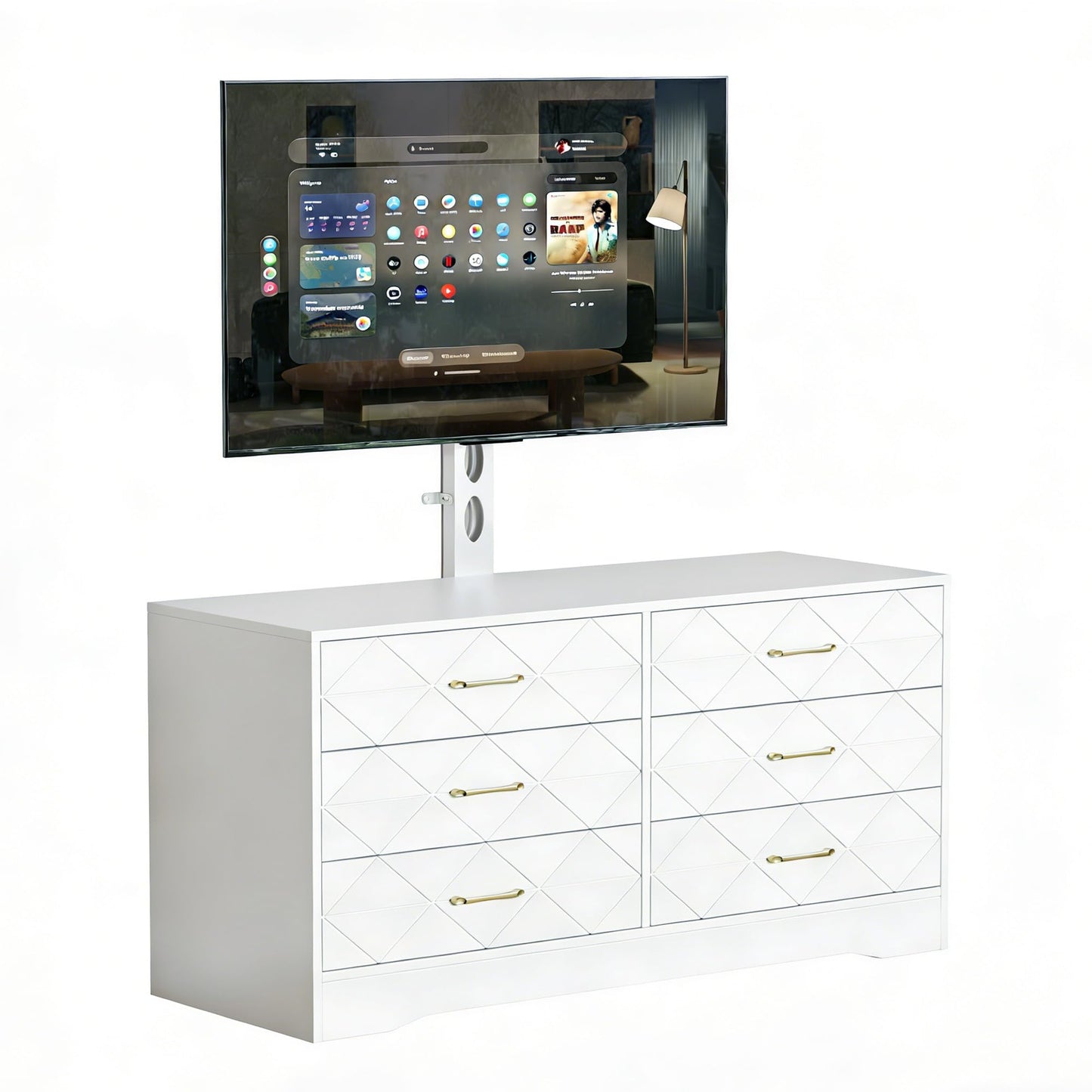 GarveeHome White Entertainment Center with 6 Storage Drawers for Bedroom Living Room, Universal TV Stand with Mount Fit 32"-80" TVs, Farmhouse Wooden Media Console Tables with Height Adjustable Mount