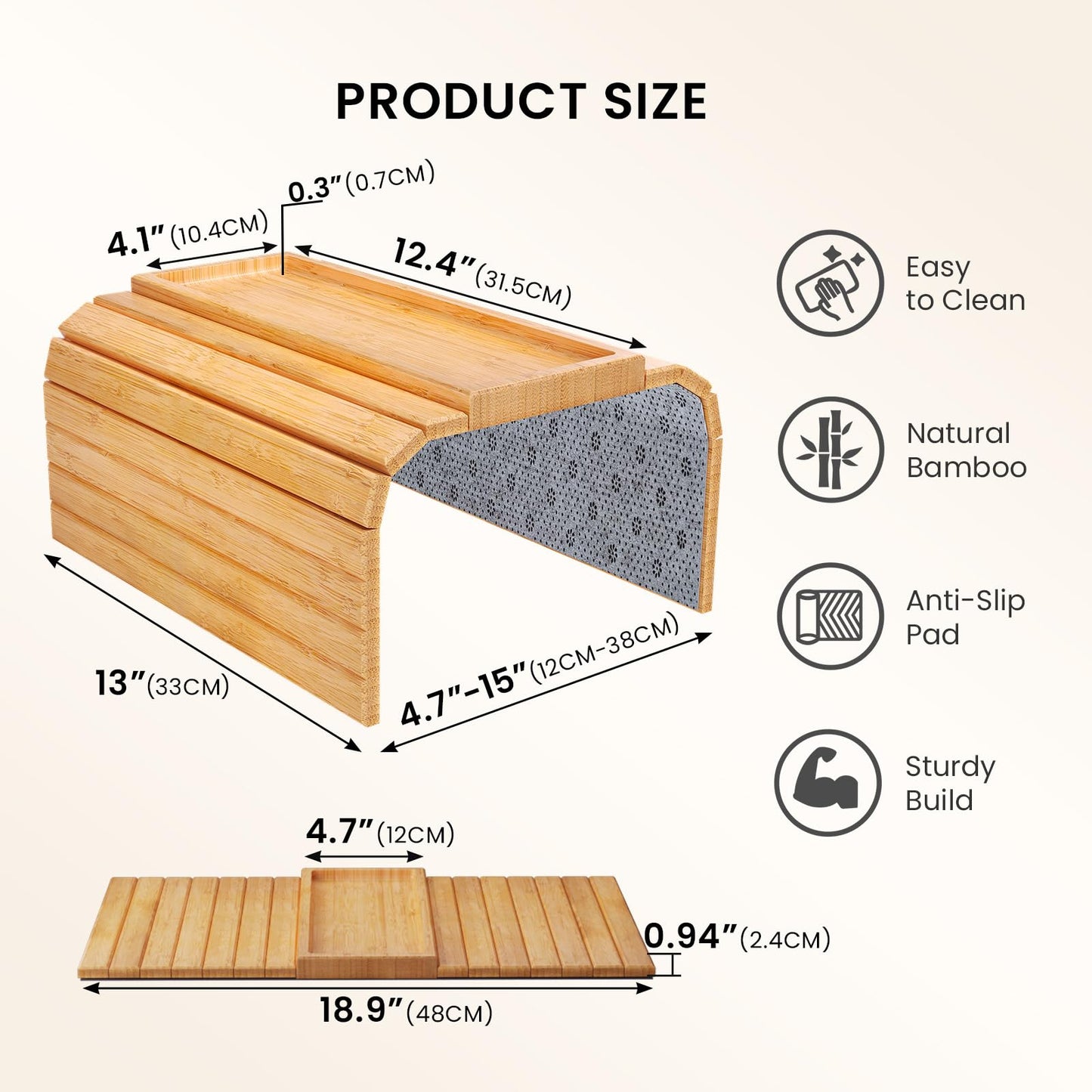 Danfoxer 2 Pack Sofa Arm Tray,Bamboo Folding Couch Arm Tray,Sofa Armrest Tray with Anti-Slip Pad for Drinks,Snacks,Phone,Remote Control(Natural)