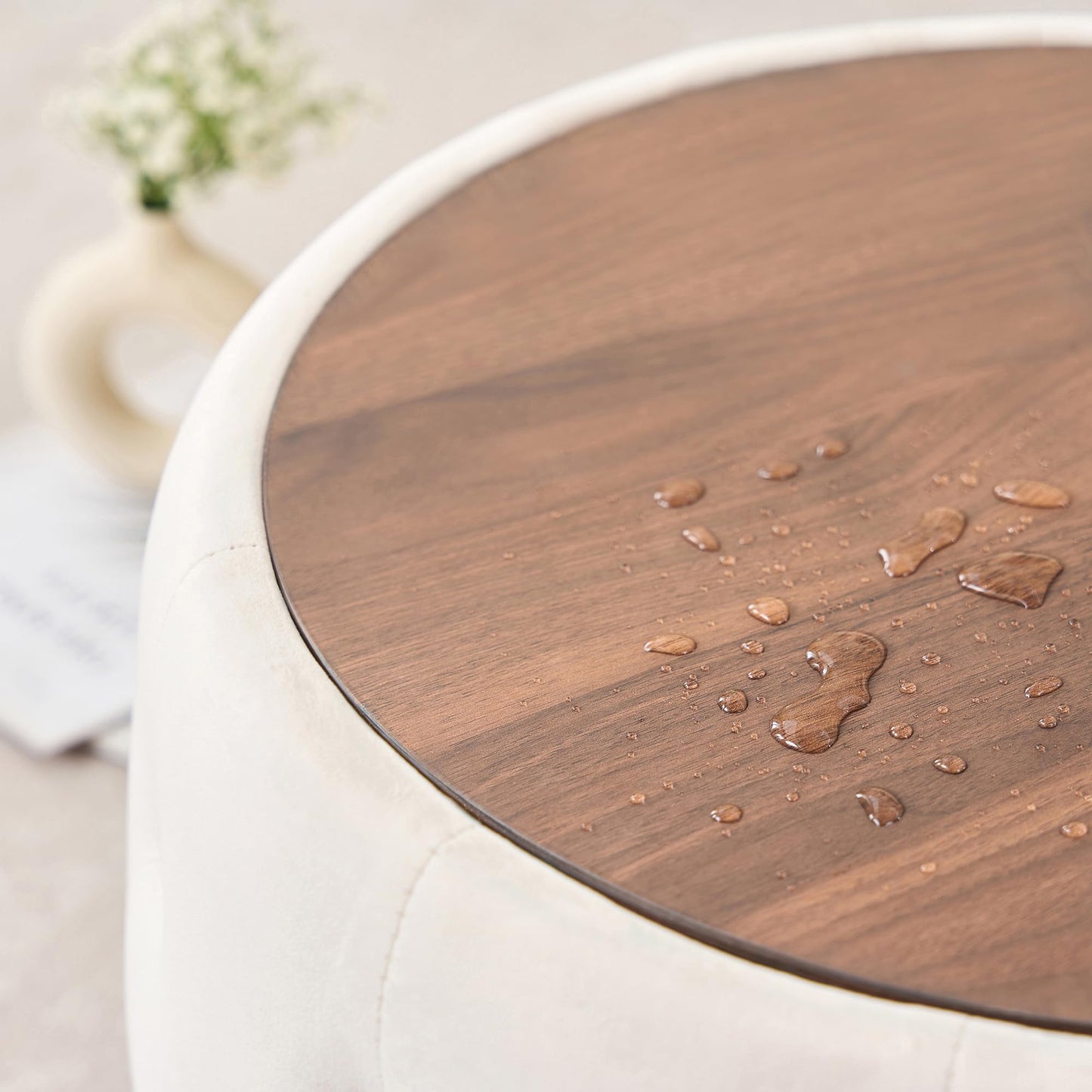 KEIKI Luxurious Velvet Nesting Ottomans of 2, 4-in-1 Round Storage Foot Stool with Removable Wood Tray, Multi-Functional Accent Tables Set, Beige