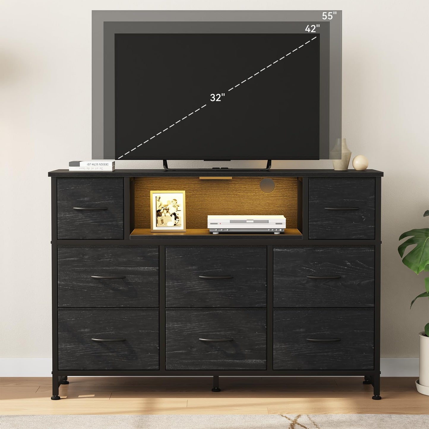 DUMOS TV Stand Dresser with 8 Fabric Drawers and Open Shelves, LED Entertainment Center with Charging Station, Wood Top Media Console for 45-55 inch, Bedroom, Woodgrain Black