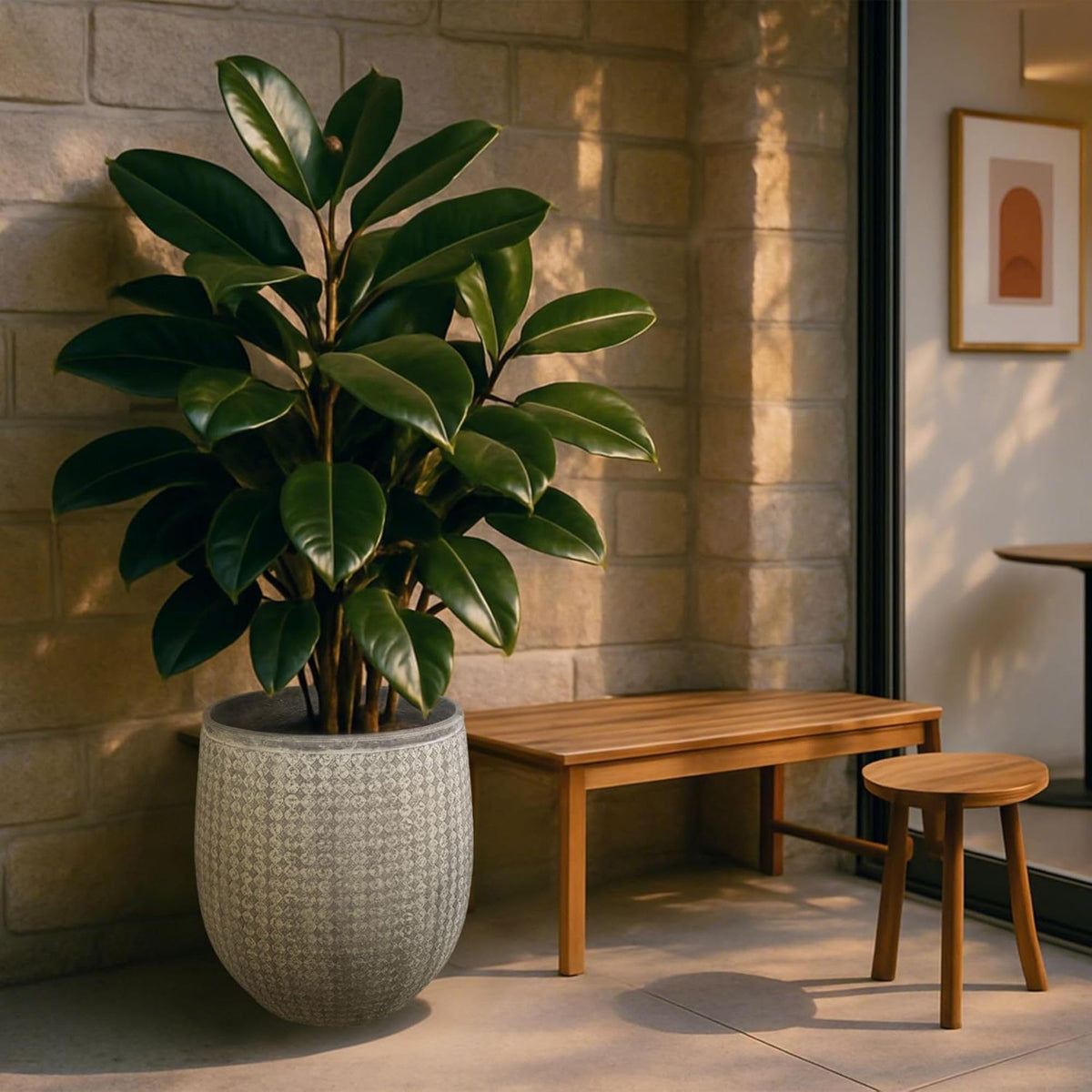 Worth 14.5" Round Planter, Lightweight Magnesium Oxide Cement Plant Pot, Raised Pattern Concrete Look with Drainage Hole for Indoor/Outdoor Use, Grey