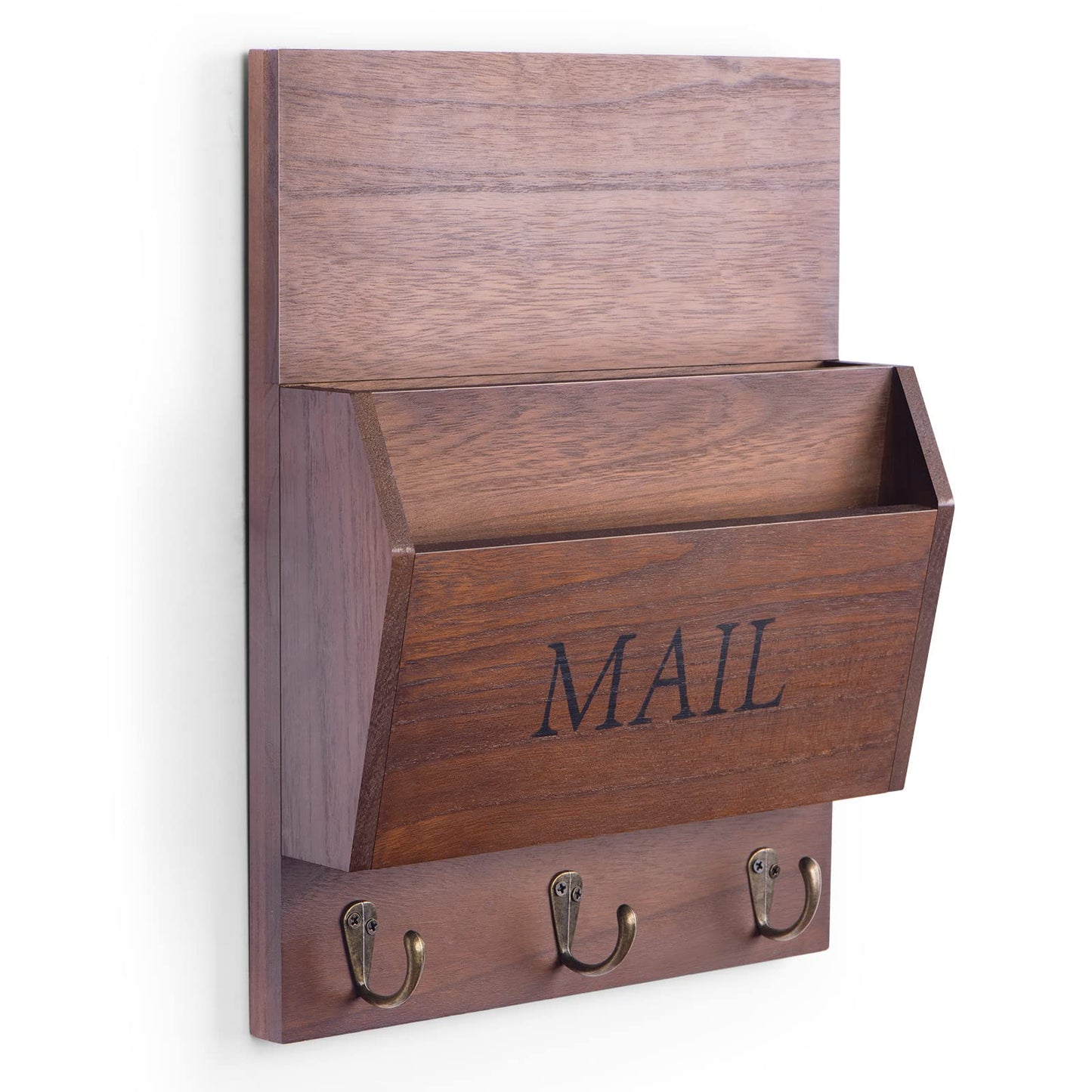 DLQuarts Mail Organizer with Key Holder for Wall Decorative Mail Sorter Wall Mounted, Wooden Mail Holder with 3 Hooks, Dark Brown