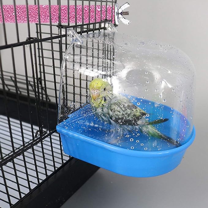 PINVNBY 2Pcs Bird Bath for Cage,Parrot Bathtub for Cage,Hanging Bird Bathing Tub with 2Pcs Water Injector and 2Pcs Feeding Spoon for Canary Budgerigar Lovebird Birds (Blue and Green)