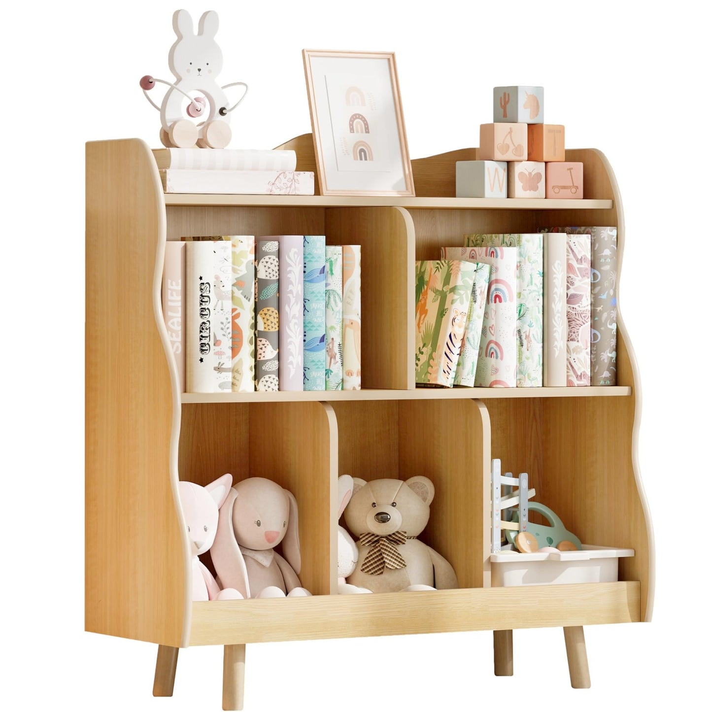 Treocho Kids Bookshelf and Toy Storage Orangizer, 3-Tier Wooden Children's Bookcase with Curve Design, 5 Toy Storage Cabinet Display with Legs for Children's Room, Playroom, School, Natural