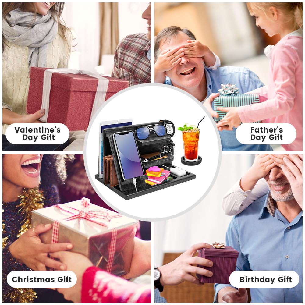 Wood Phone Docking Station - Gifts for Men Desk or Nightstand Organizer - Birthday Gifts for Husband, Fathers Day for Dad - Anniversary Idea from Wife - Key Holder, Stand Wallet, Watch & Essentials